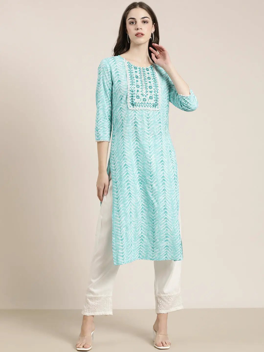 Women's Turquoise Blue Chevron Kurta Set