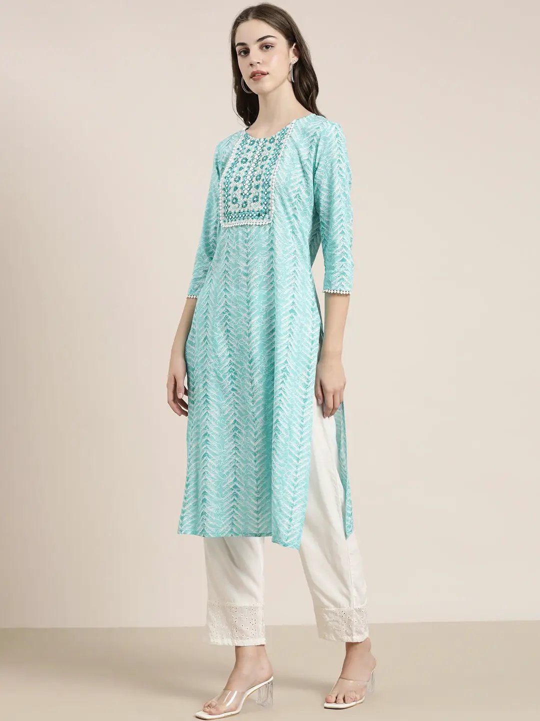 Women's Turquoise Blue Chevron Kurta Set