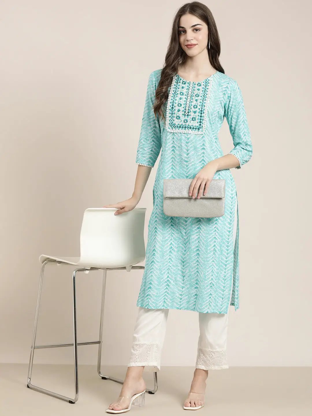 Women's Turquoise Blue Chevron Kurta Set