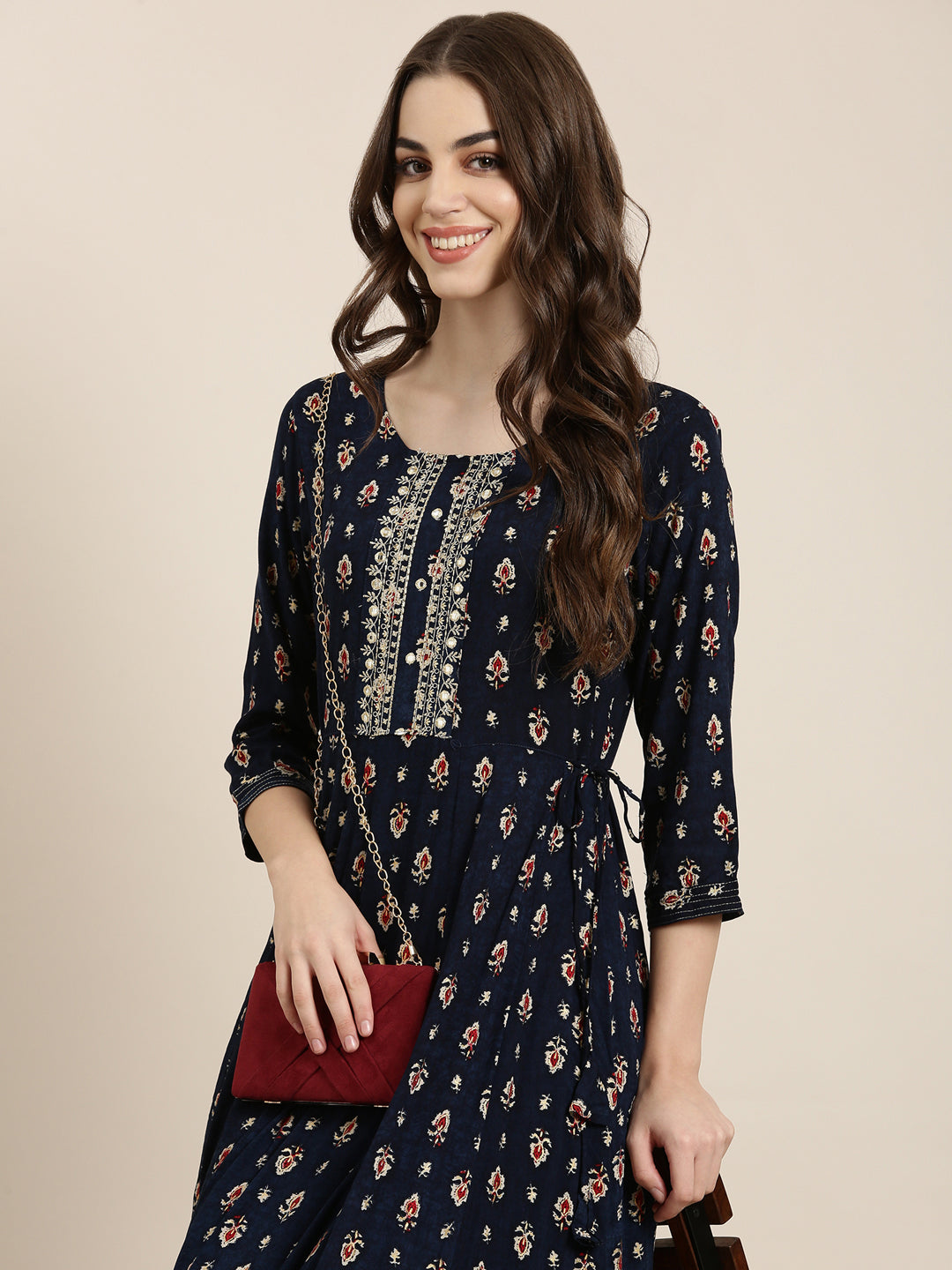 Women Navy Blue Floral Anarkali Kurta