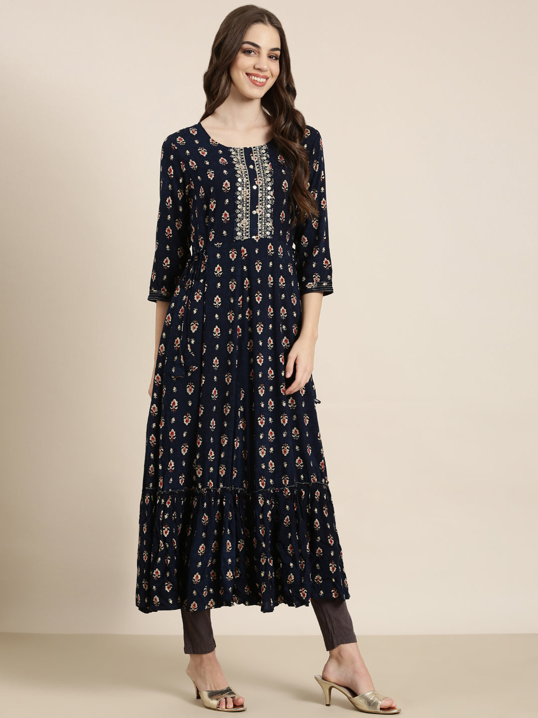 Women Navy Blue Floral Anarkali Kurta