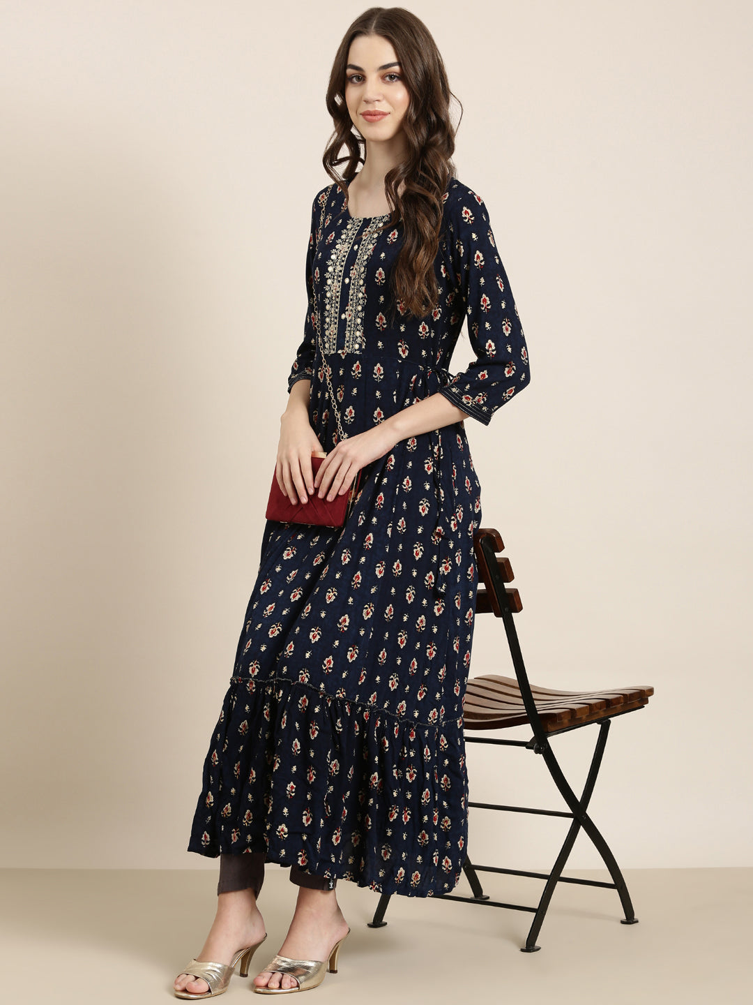 Women Navy Blue Floral Anarkali Kurta