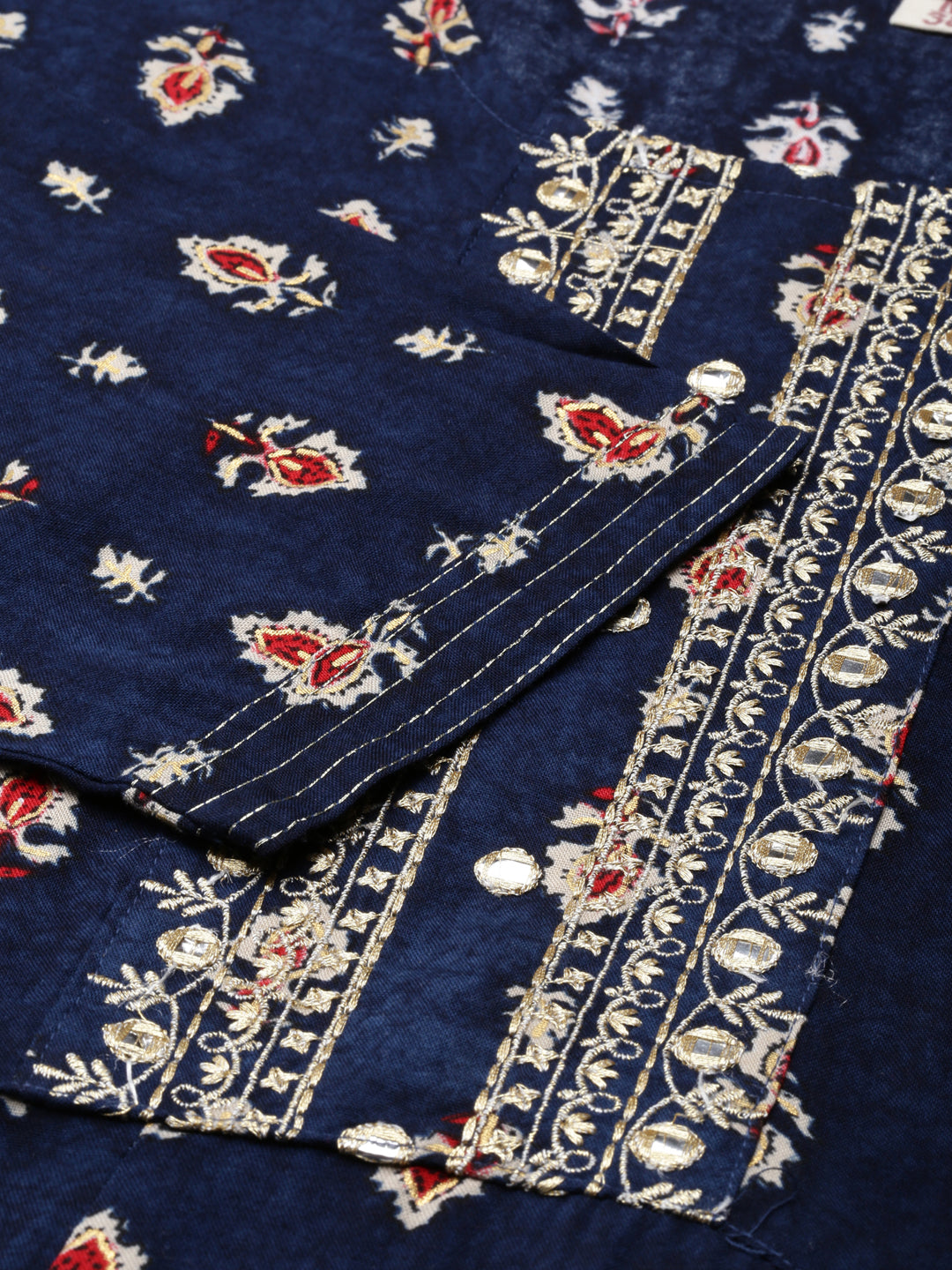 Women Navy Blue Floral Anarkali Kurta