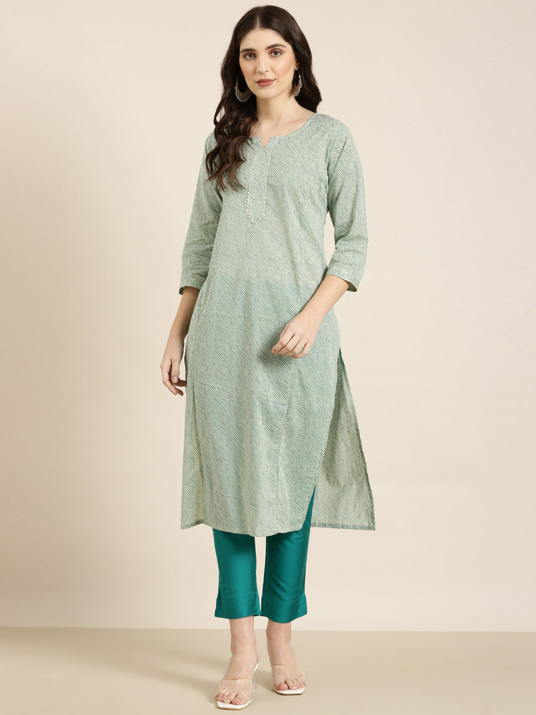 Women Green Striped Straight Kurta