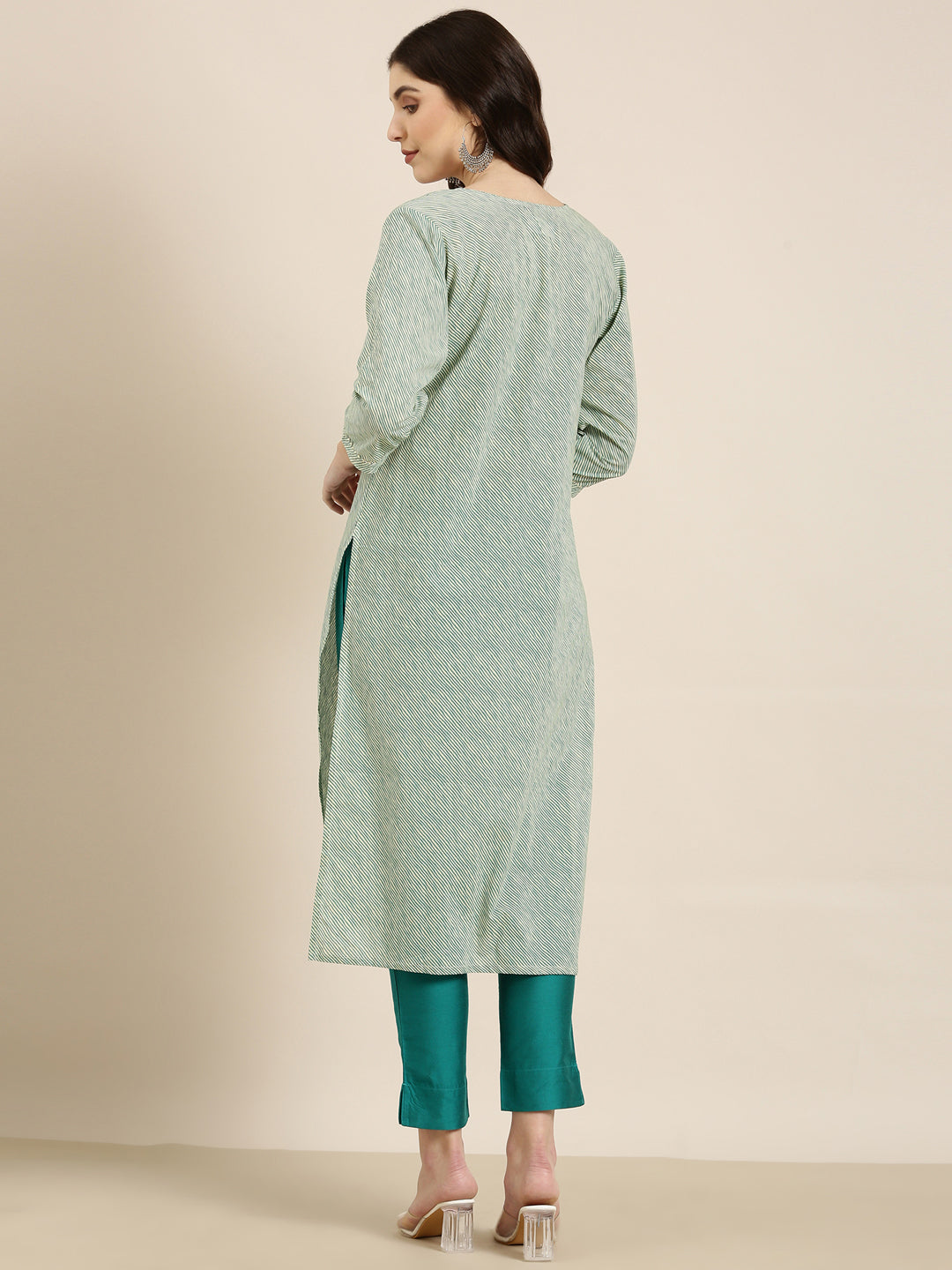 Women Green Striped Straight Kurta