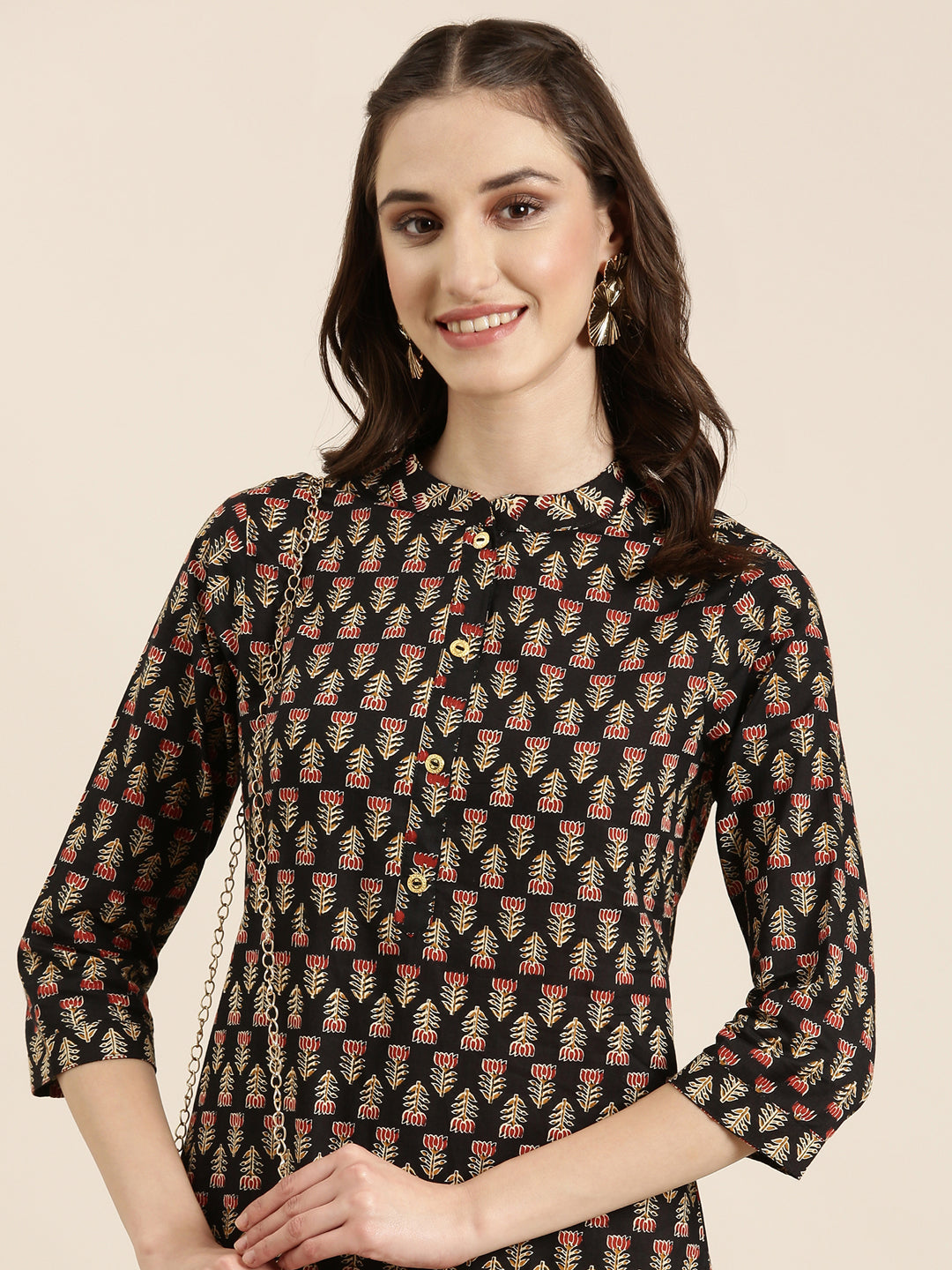 Women Black Floral Straight Kurta