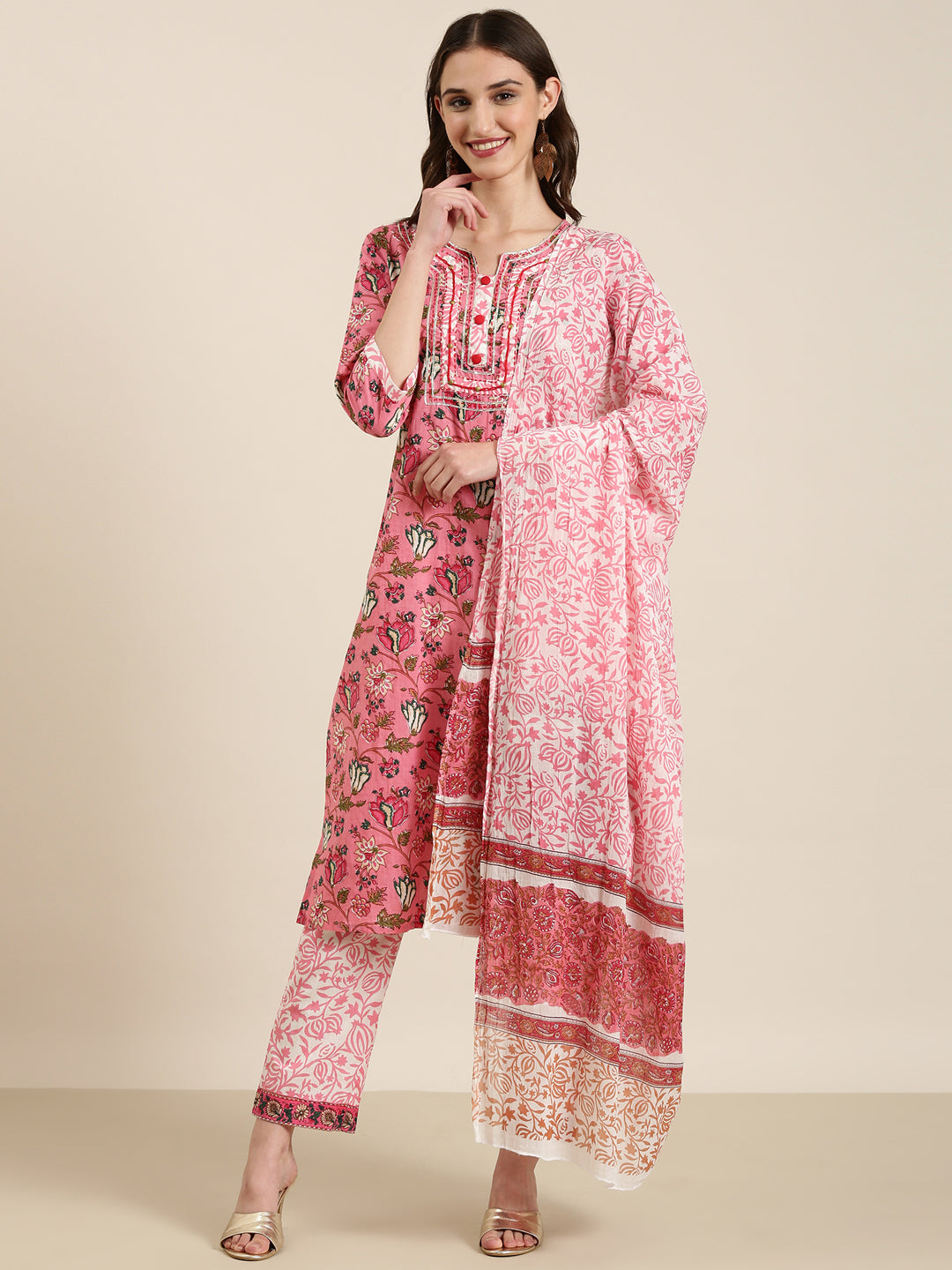 Women Pink Floral Kurta Set