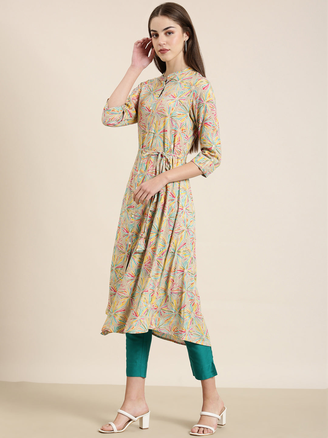 Women Beige Floral A-Line Kurta