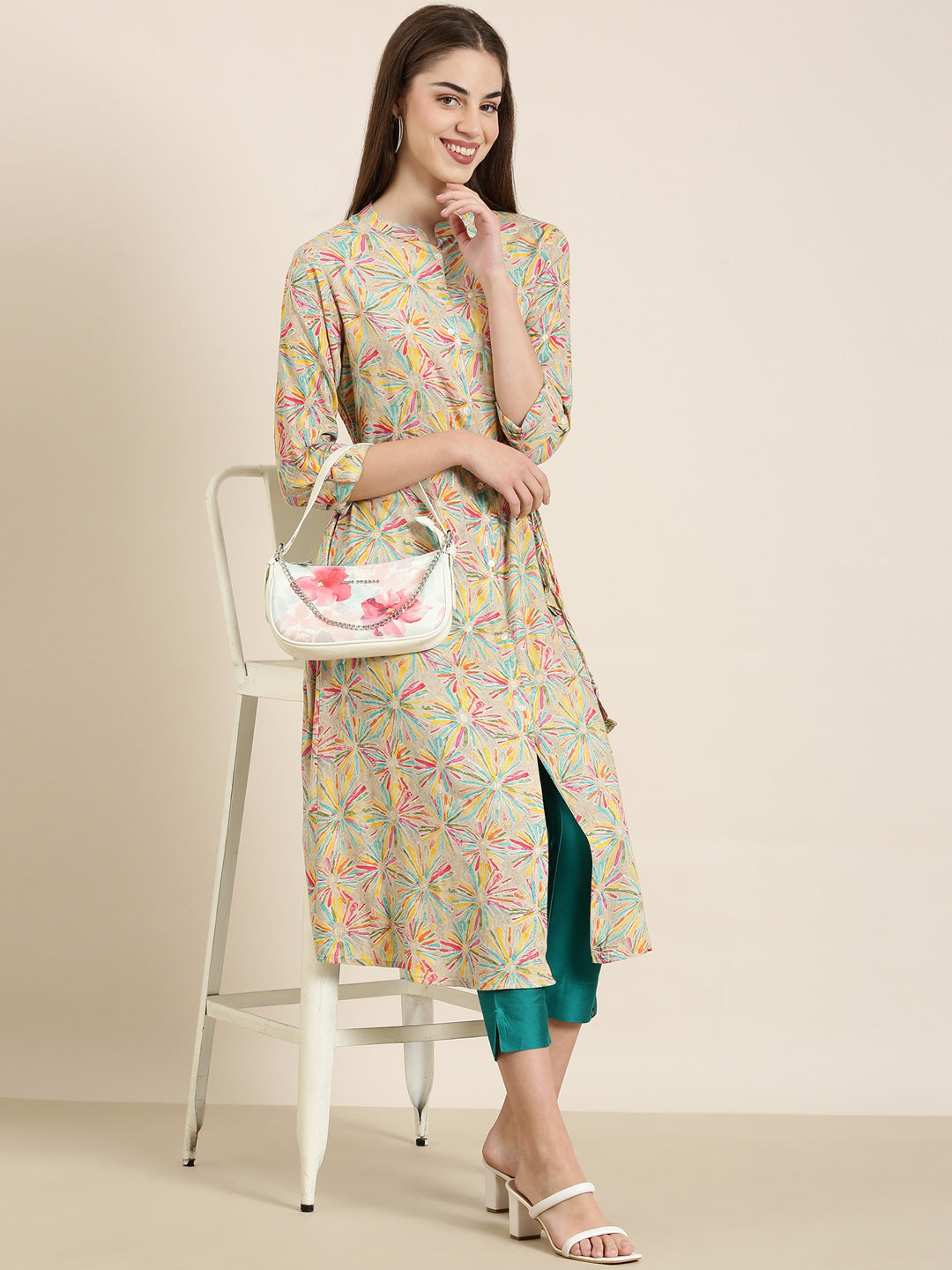 Women Beige Floral A-Line Kurta