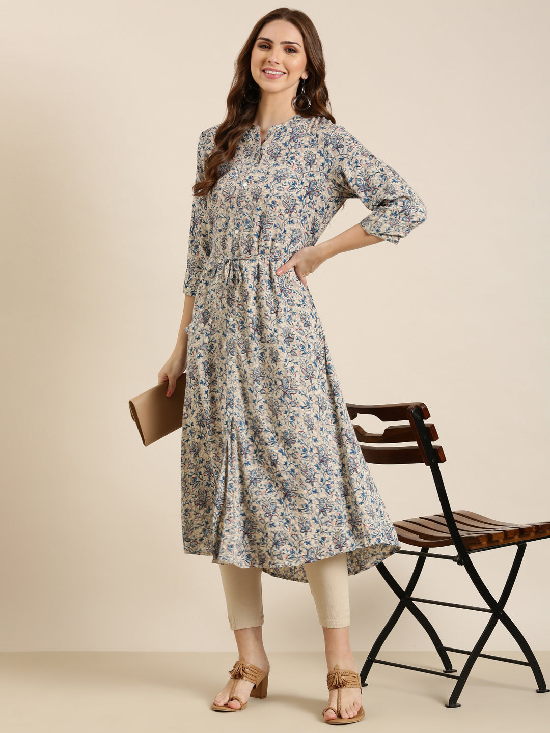 Women Grey Floral A-Line Kurta