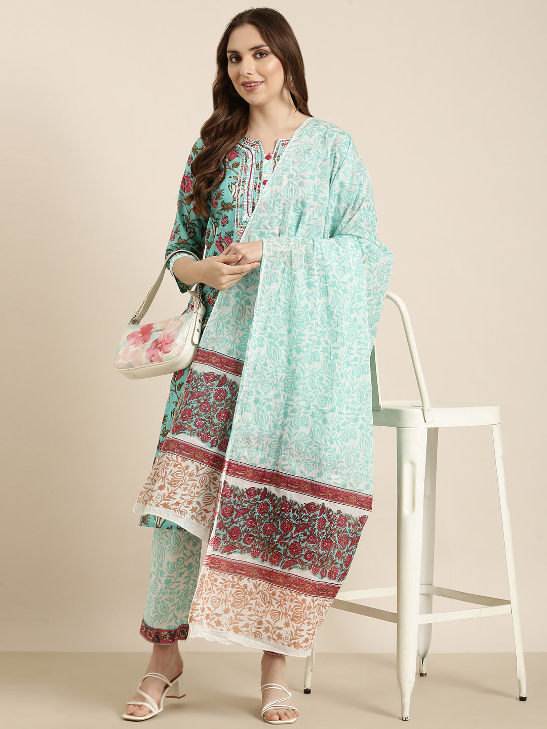 Women Straight Turquoise Blue Floral Kurta and Trousers Set Comes With Dupatta