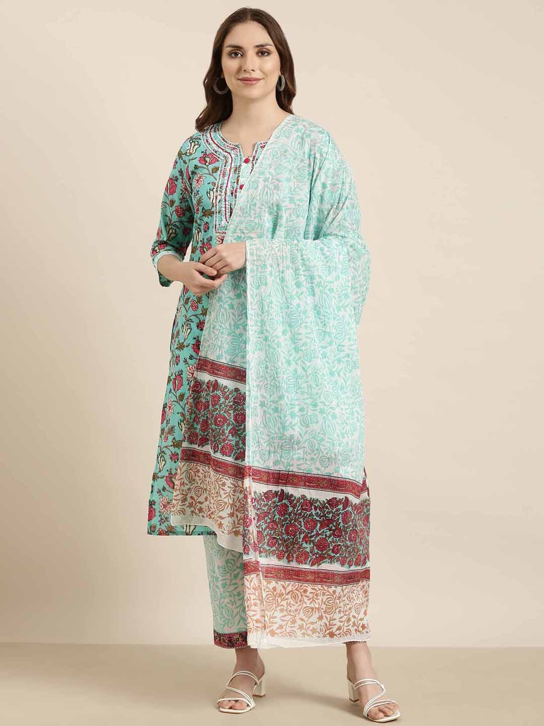 Women Straight Turquoise Blue Floral Kurta and Trousers Set Comes With Dupatta