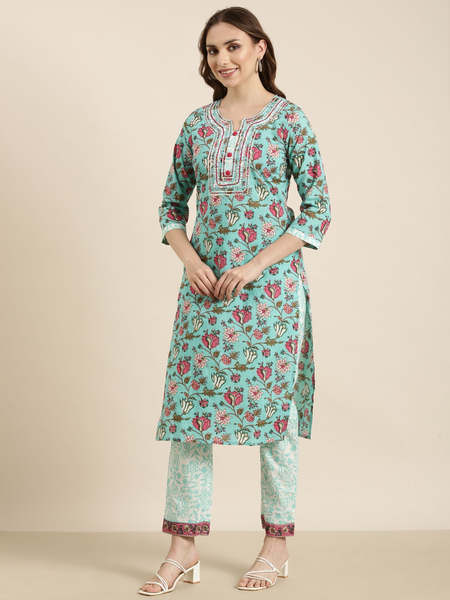 Women Straight Turquoise Blue Floral Kurta and Trousers Set Comes With Dupatta