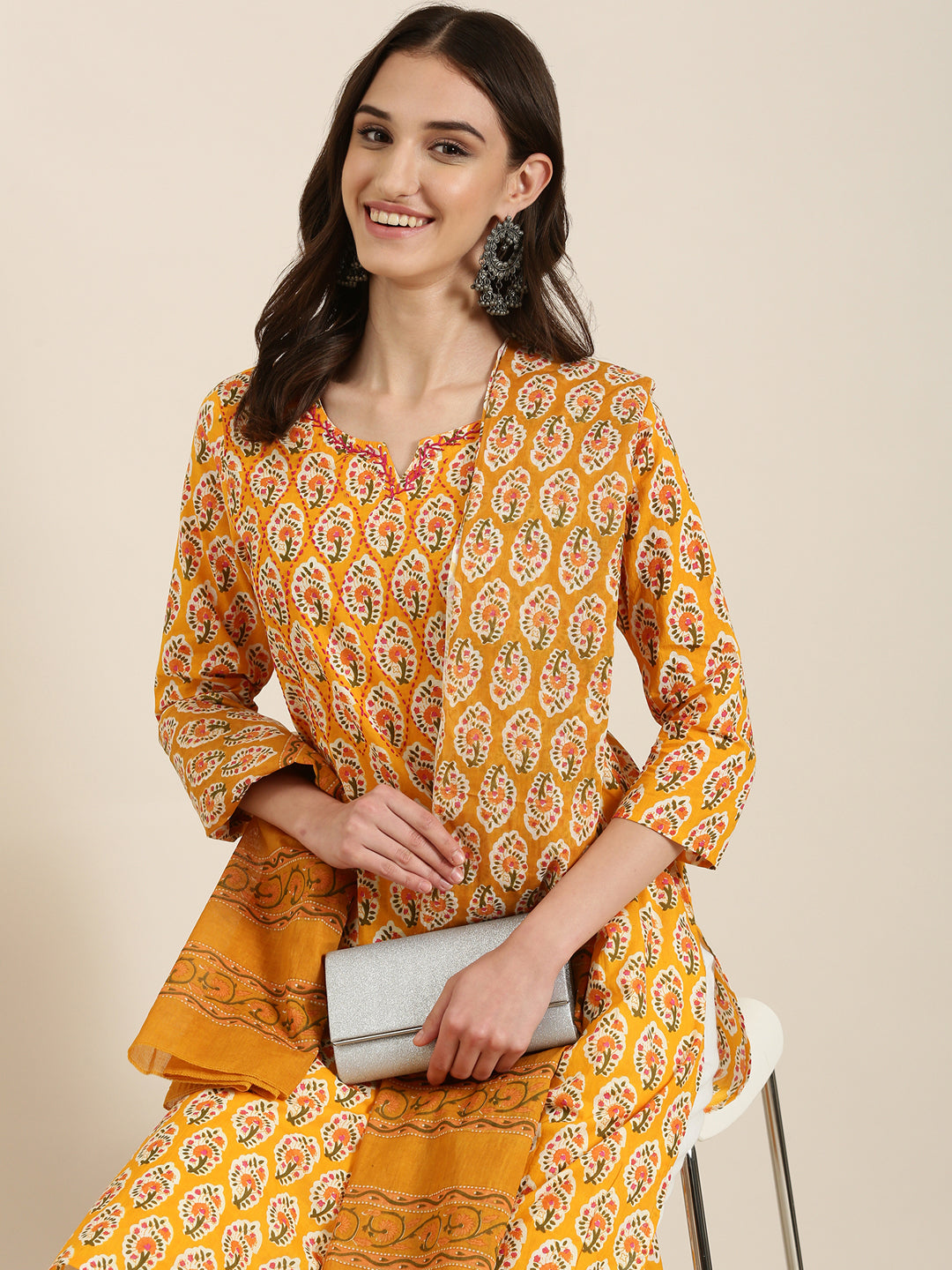 Women Mustard Floral Kurta Set