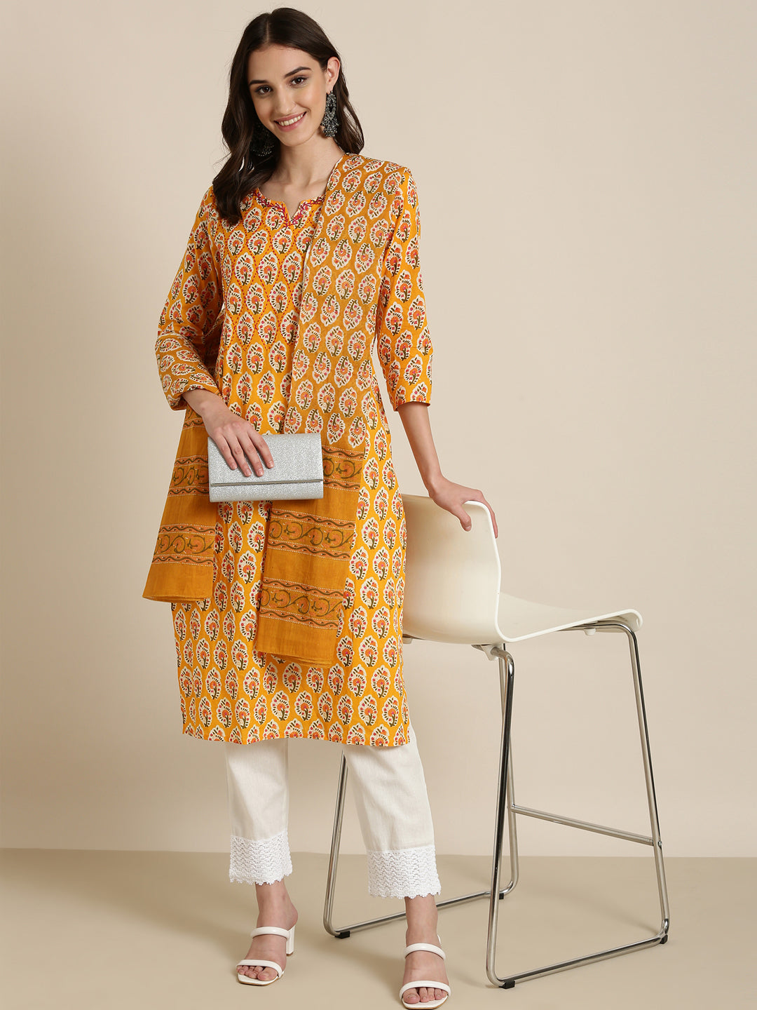 Women Mustard Floral Kurta Set