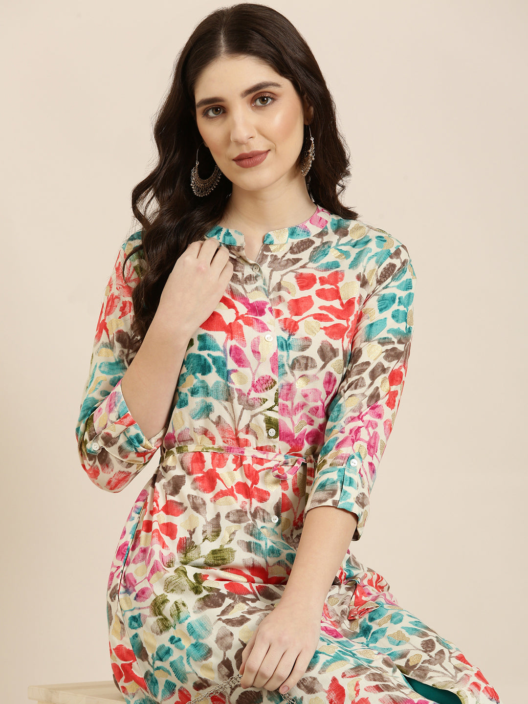 Women Cream Printed A-Line Kurta