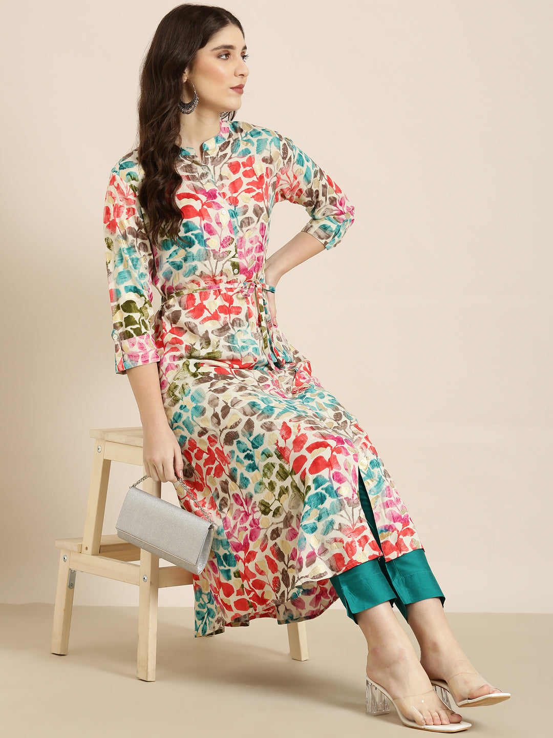 Women Cream Printed A-Line Kurta