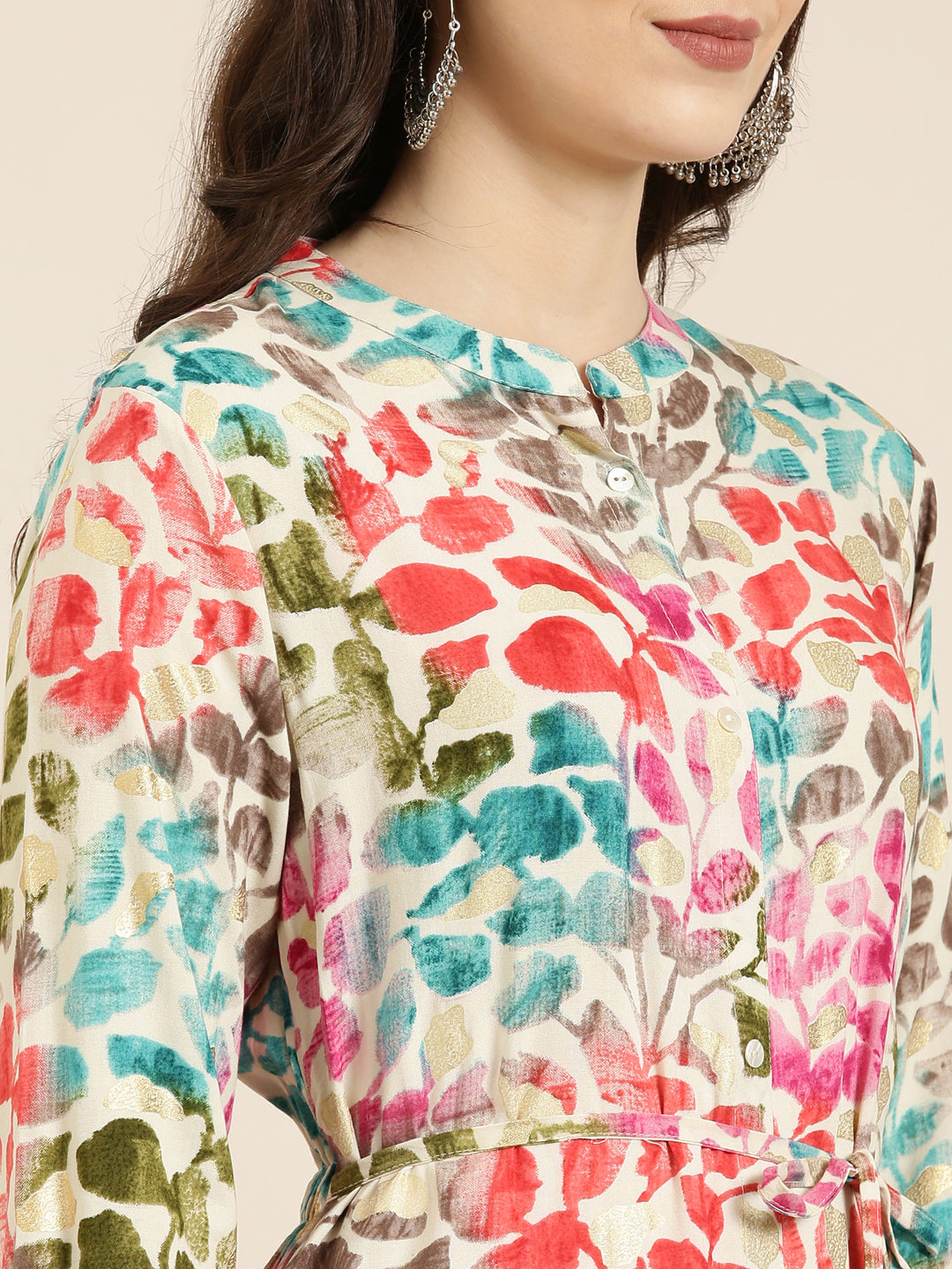 Women Cream Printed A-Line Kurta