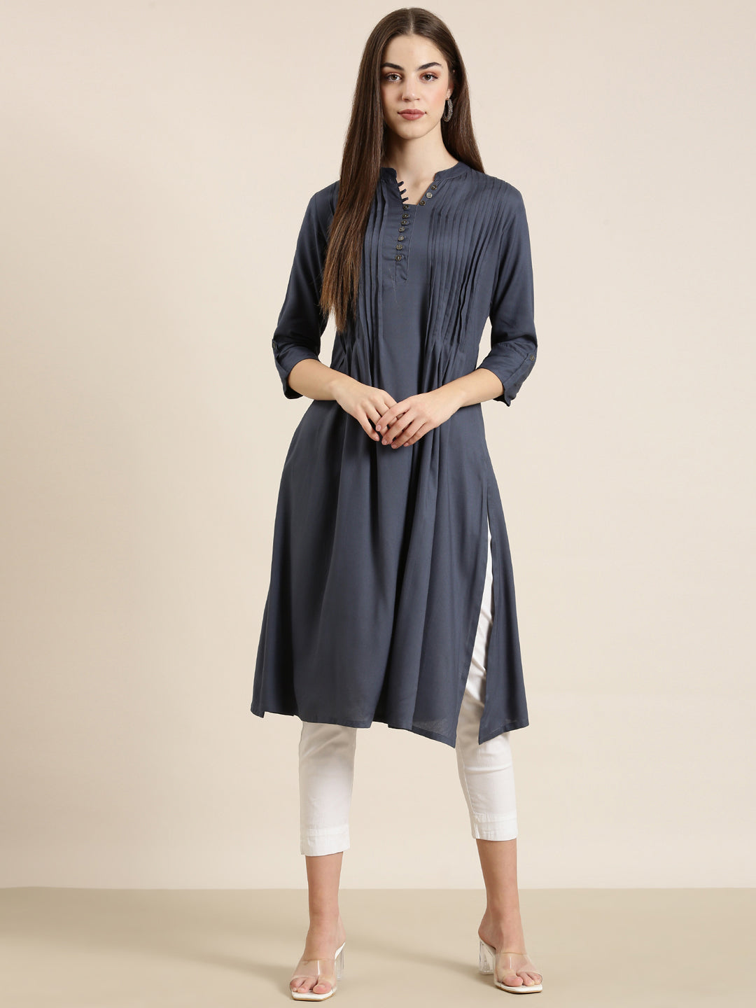 Women Grey Solid A-Line Kurta