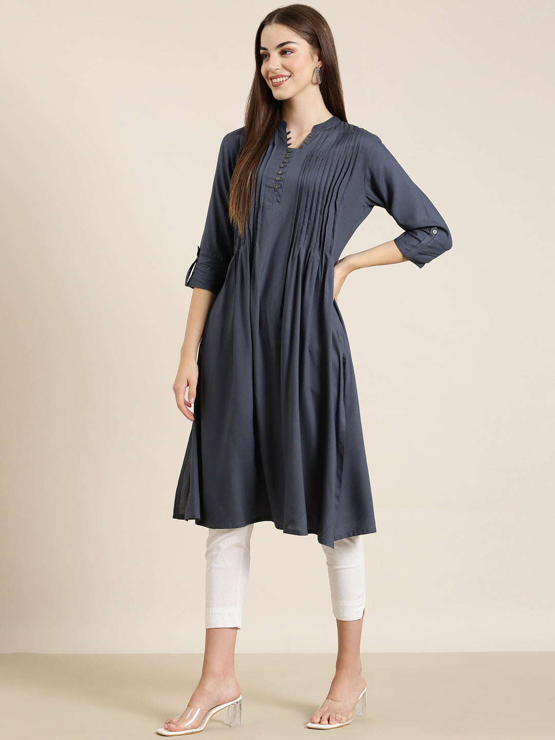 Women Grey Solid A-Line Kurta