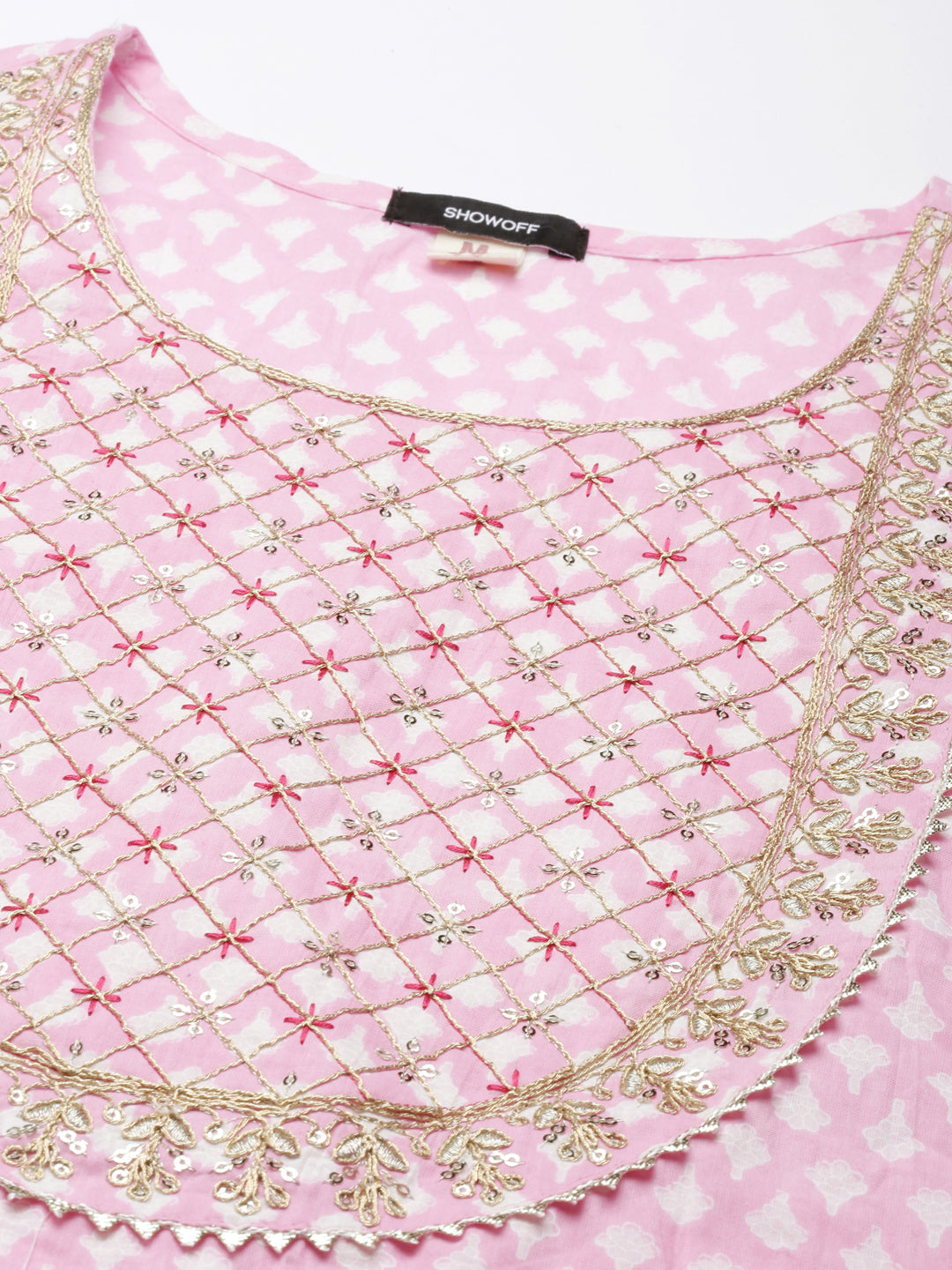 Women's Pink Geometric Printed Gotta Patti & Sequinned Straight Kurta Set With Dupatta