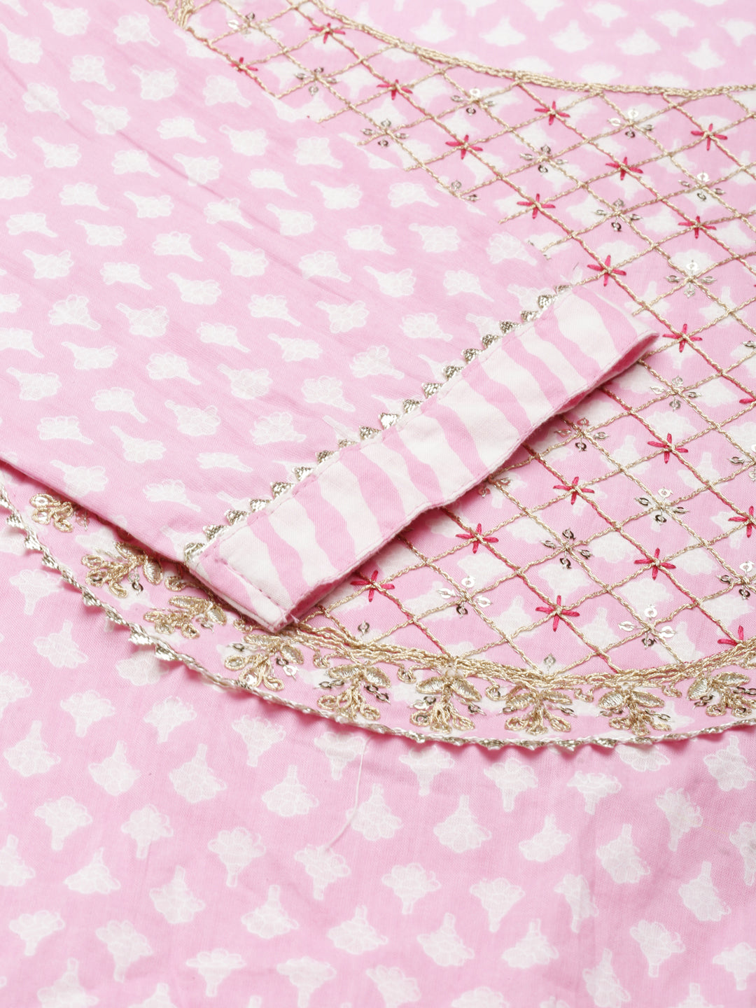 Women's Pink Geometric Printed Gotta Patti & Sequinned Straight Kurta Set With Dupatta