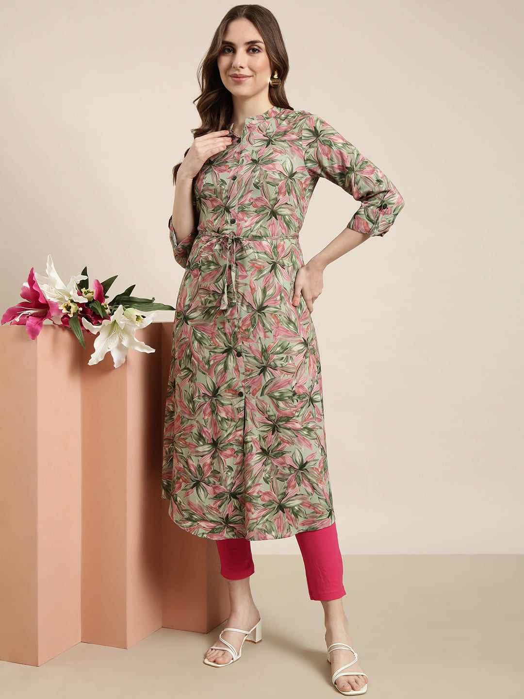 Women A-Line Green Floral Kurta