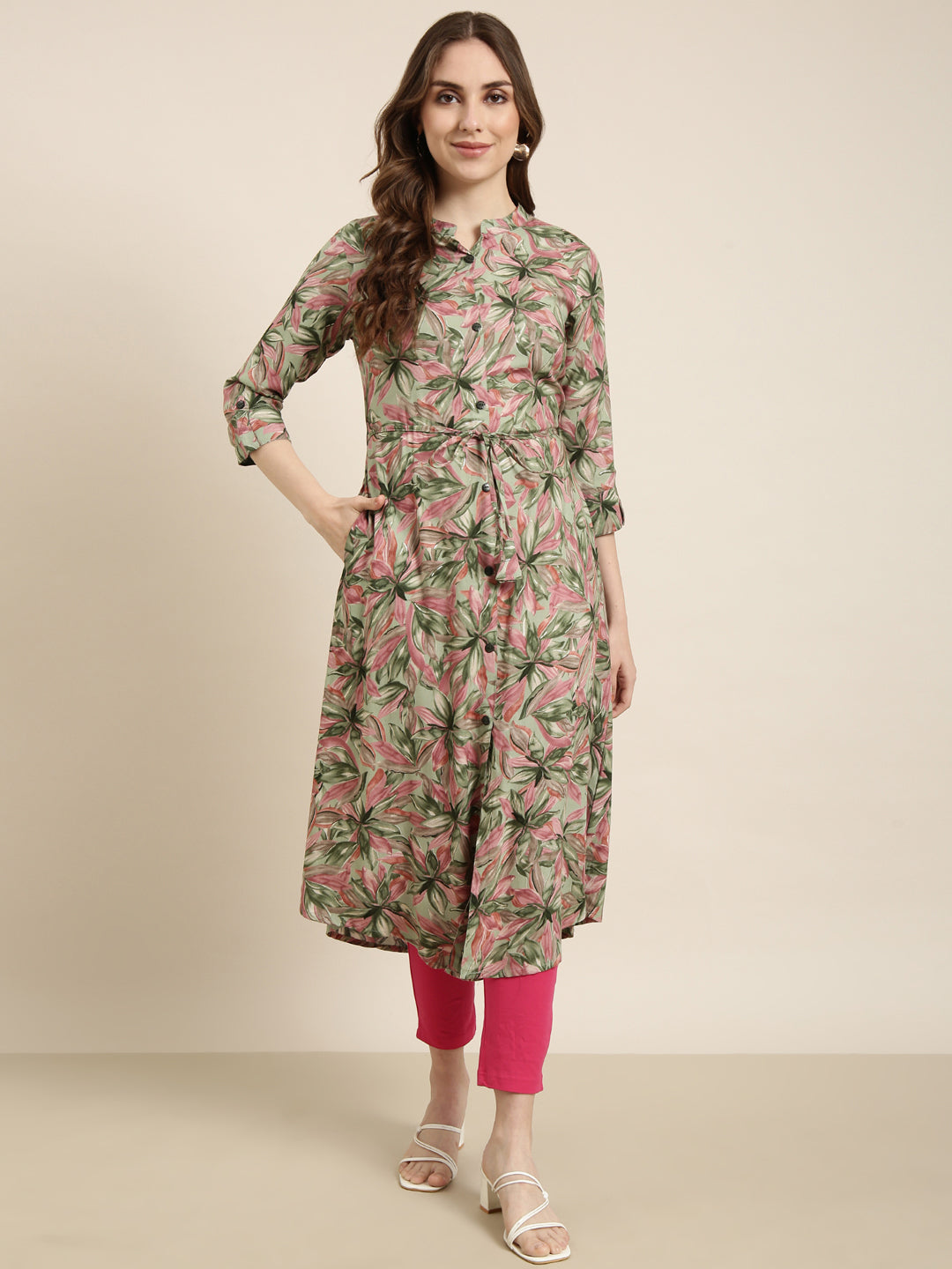 Women A-Line Green Floral Kurta