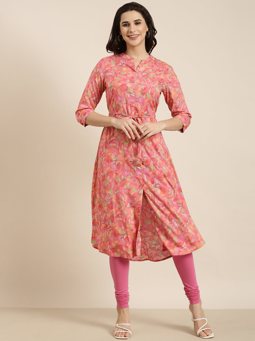 Women A-Line Pink Floral Kurta