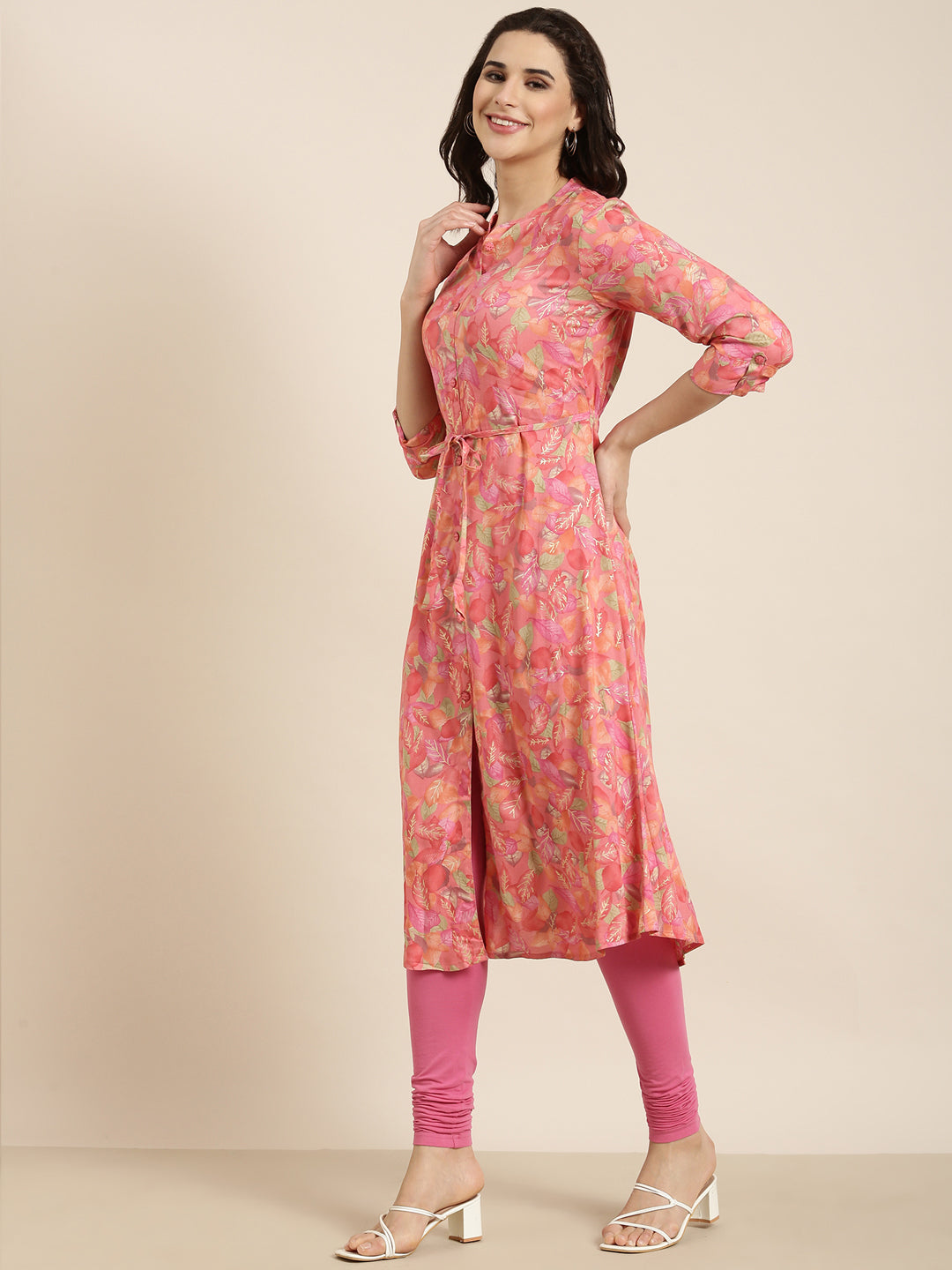 Women A-Line Pink Floral Kurta