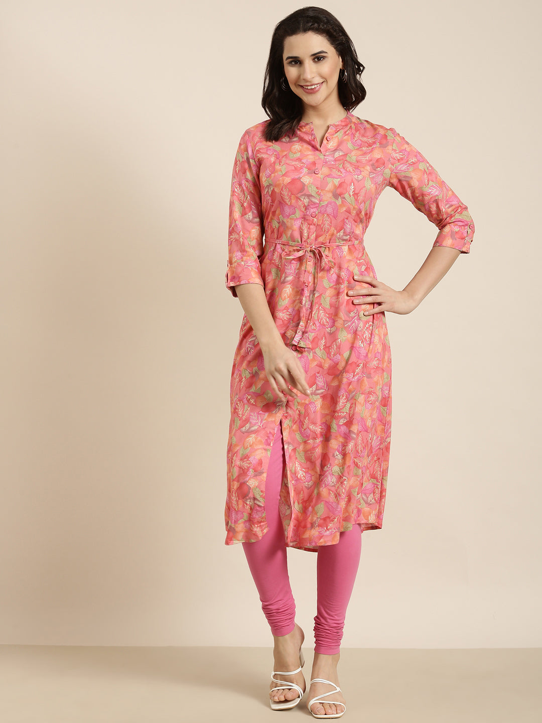 Women A-Line Pink Floral Kurta