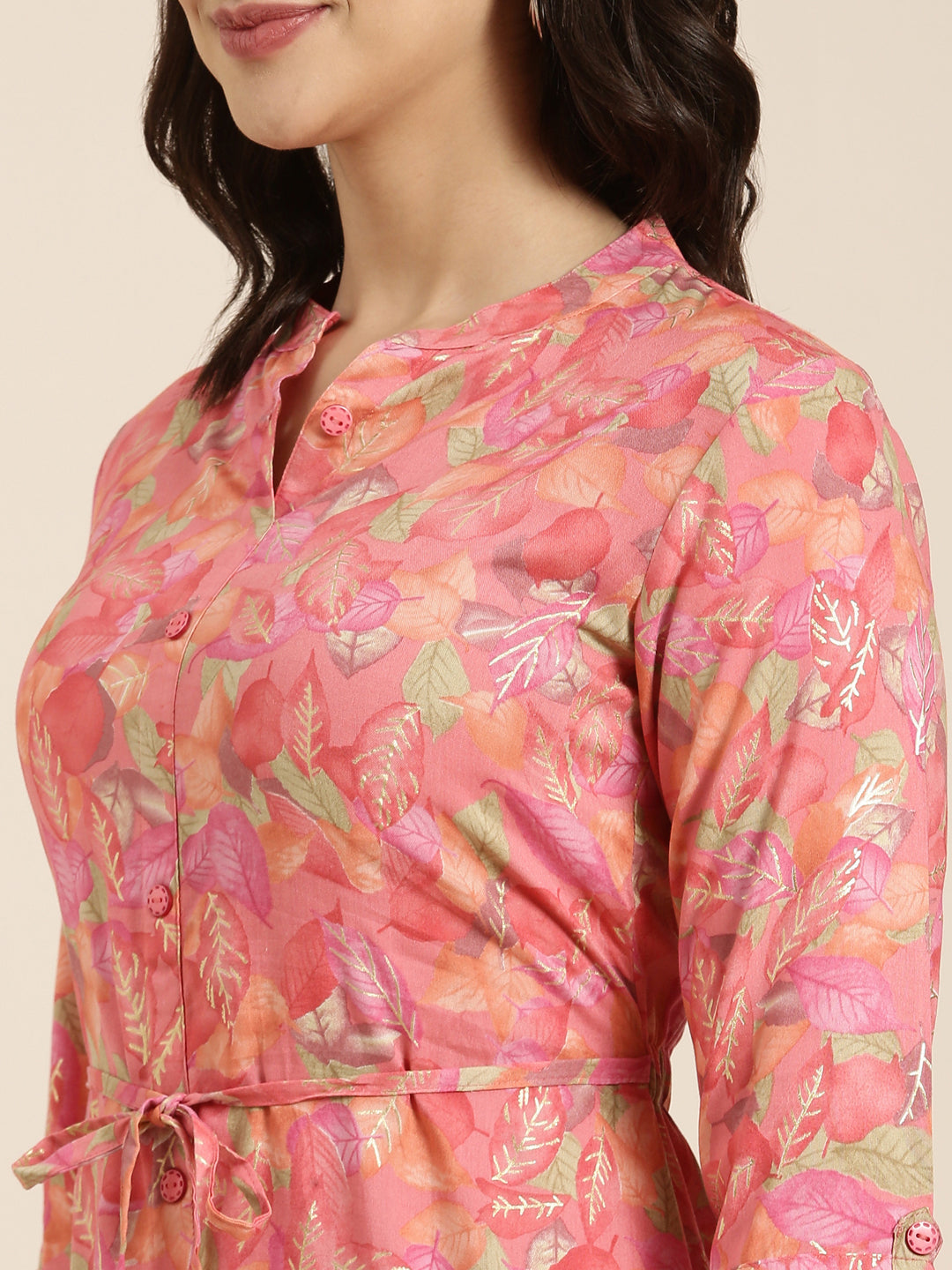 Women A-Line Pink Floral Kurta