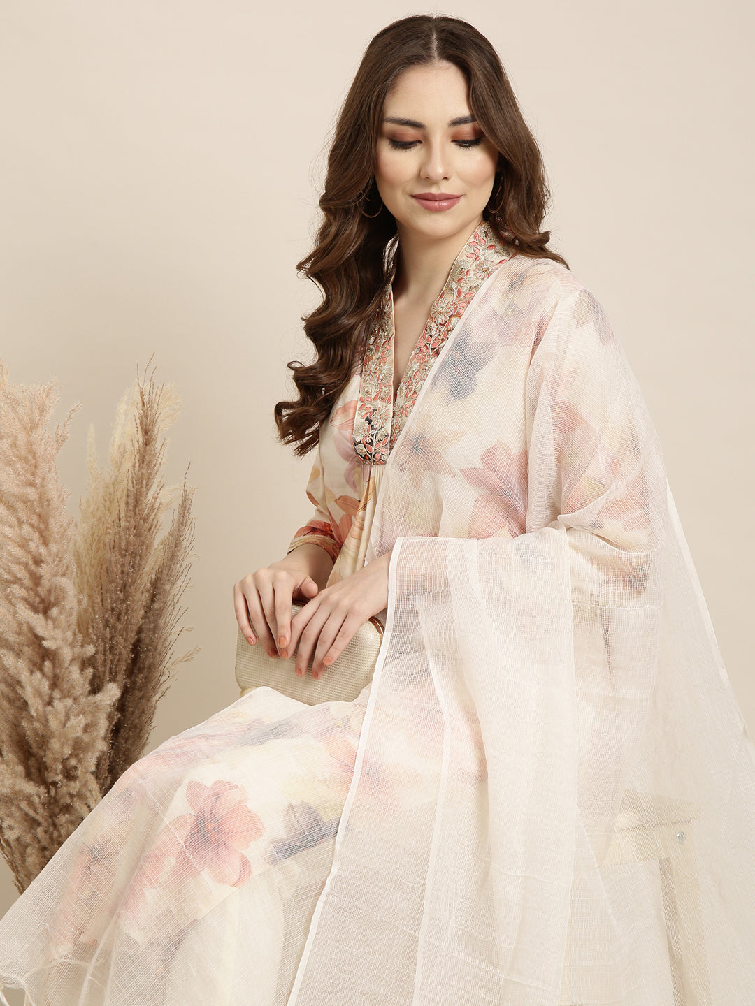 Women Straight Off White Floral Kurta and Trousers Set Comes With Dupatta