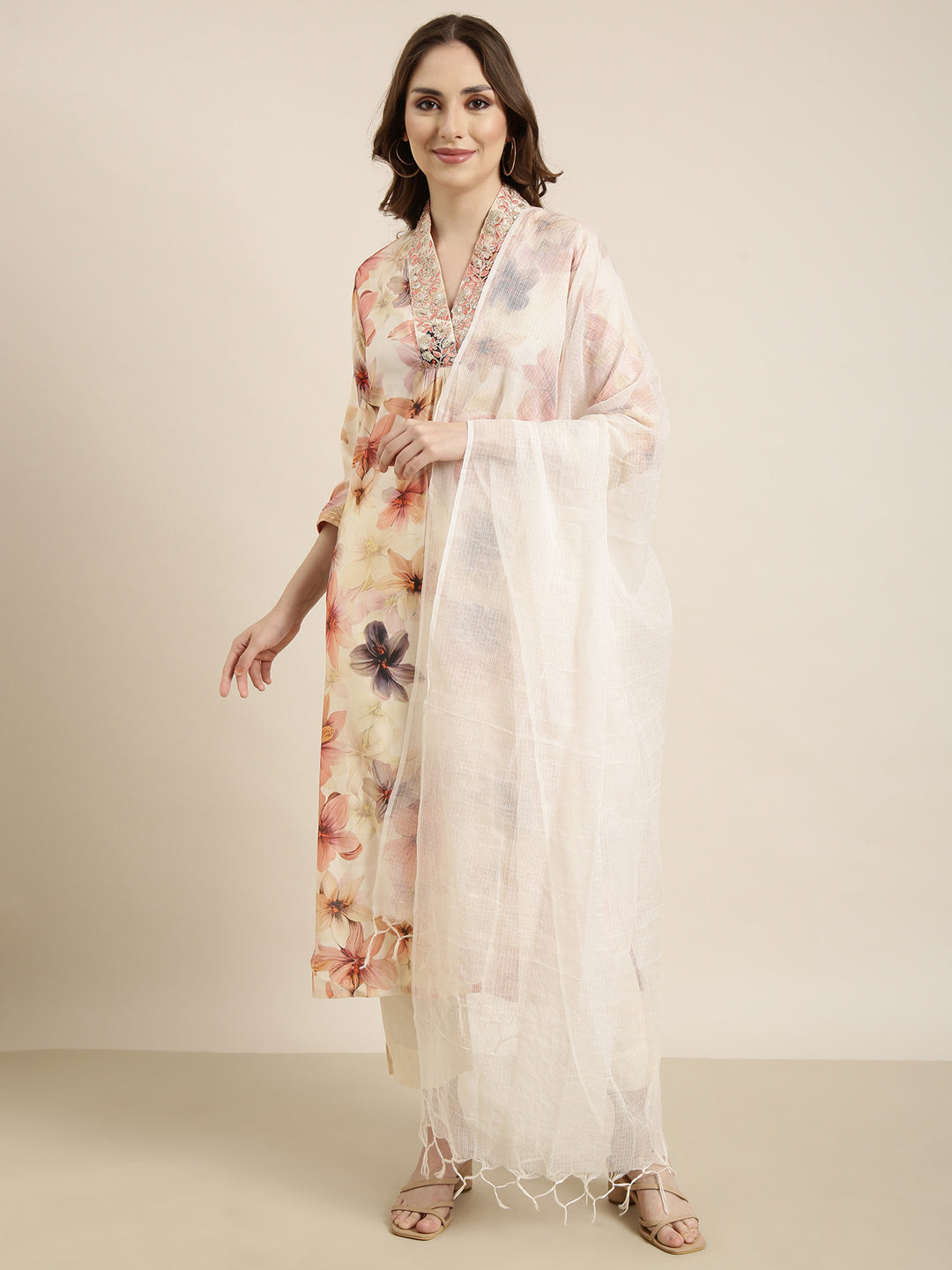 Women Straight Off White Floral Kurta and Trousers Set Comes With Dupatta