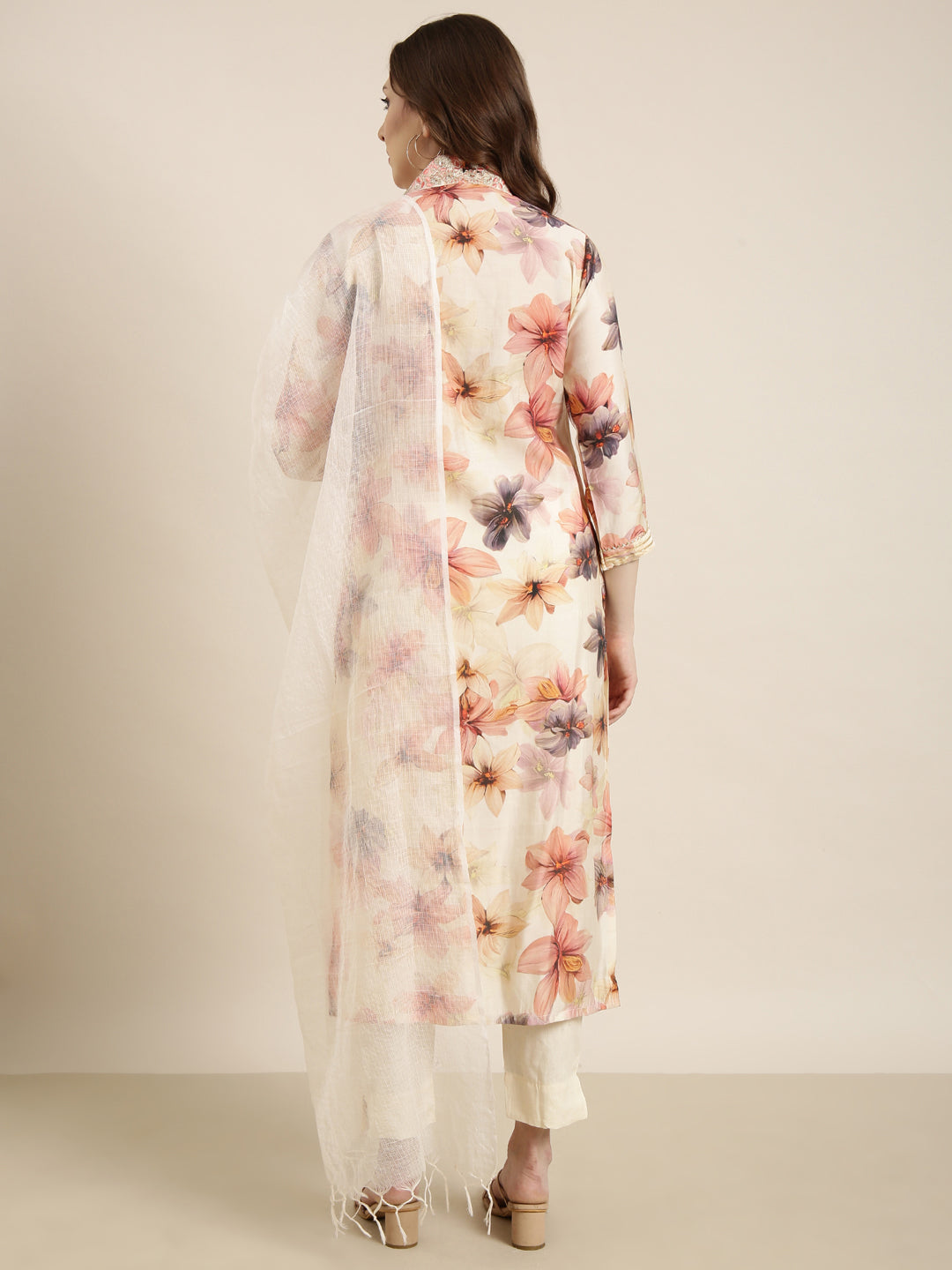 Women Straight Off White Floral Kurta and Trousers Set Comes With Dupatta