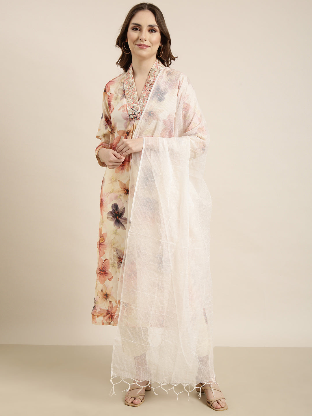 Women Straight Off White Floral Kurta and Trousers Set Comes With Dupatta