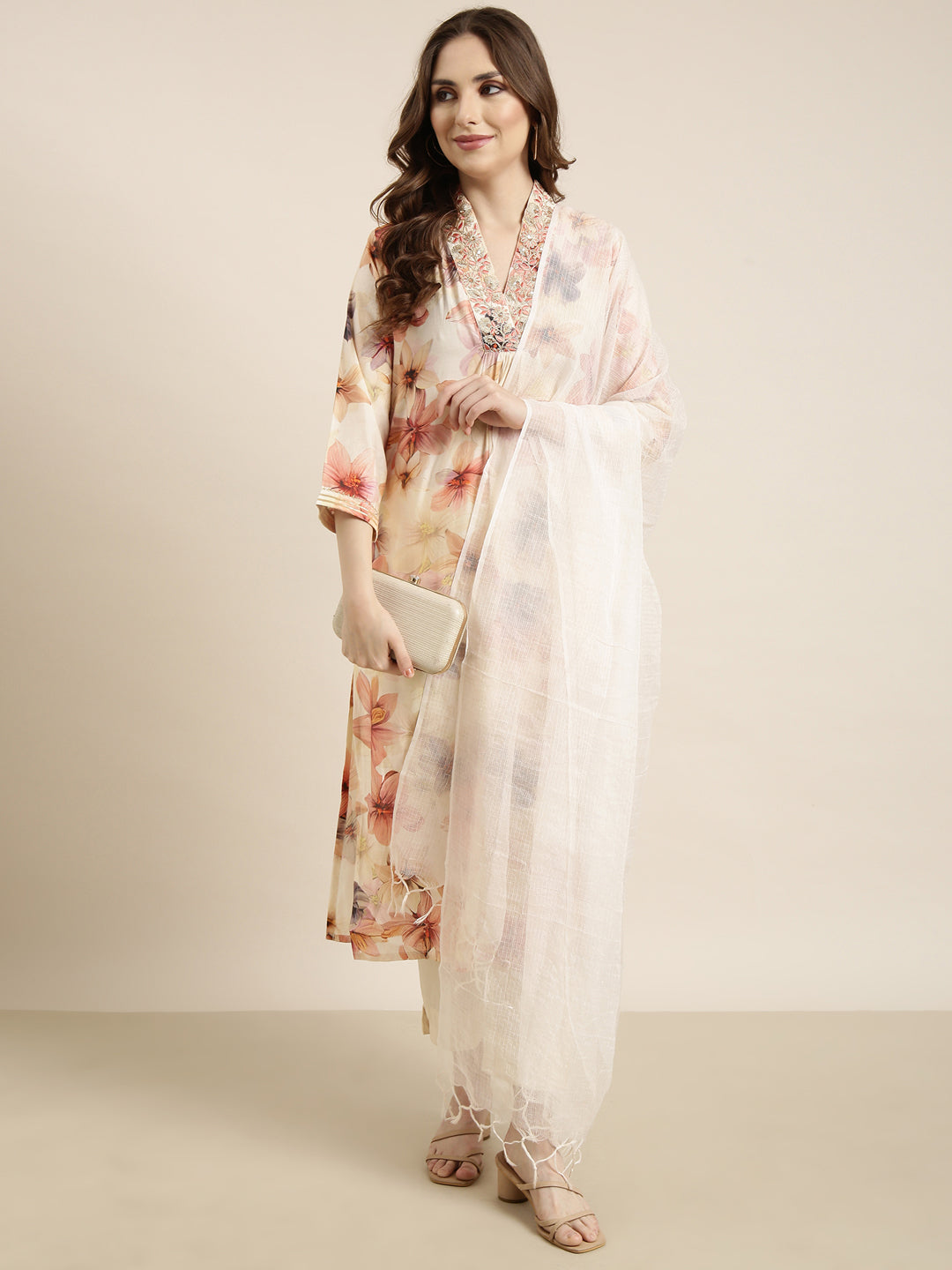 Women Straight Off White Floral Kurta and Trousers Set Comes With Dupatta