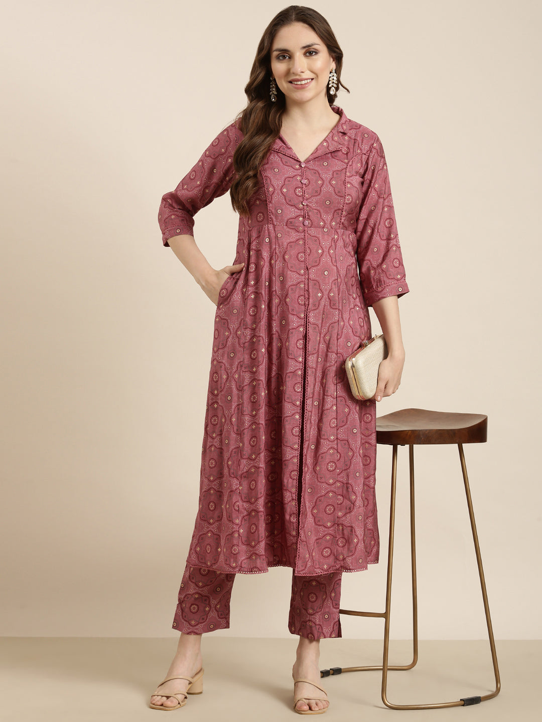 Women A-Line Pink Ethnic Motifs Kurta and Trousers Set