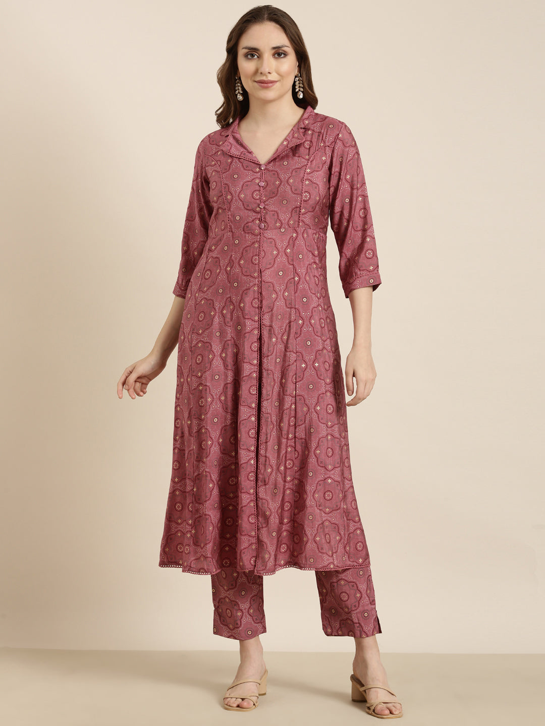 Women A-Line Pink Ethnic Motifs Kurta and Trousers Set