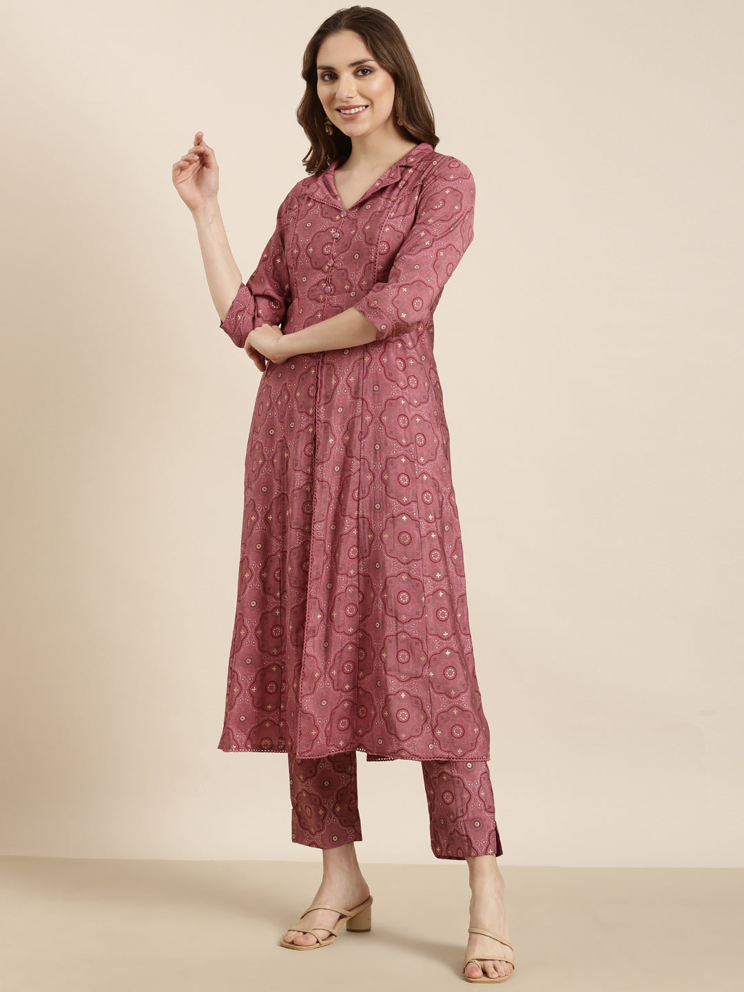 Women A-Line Pink Ethnic Motifs Kurta and Trousers Set