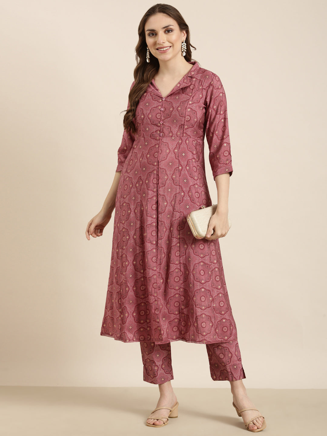 Women A-Line Pink Ethnic Motifs Kurta and Trousers Set