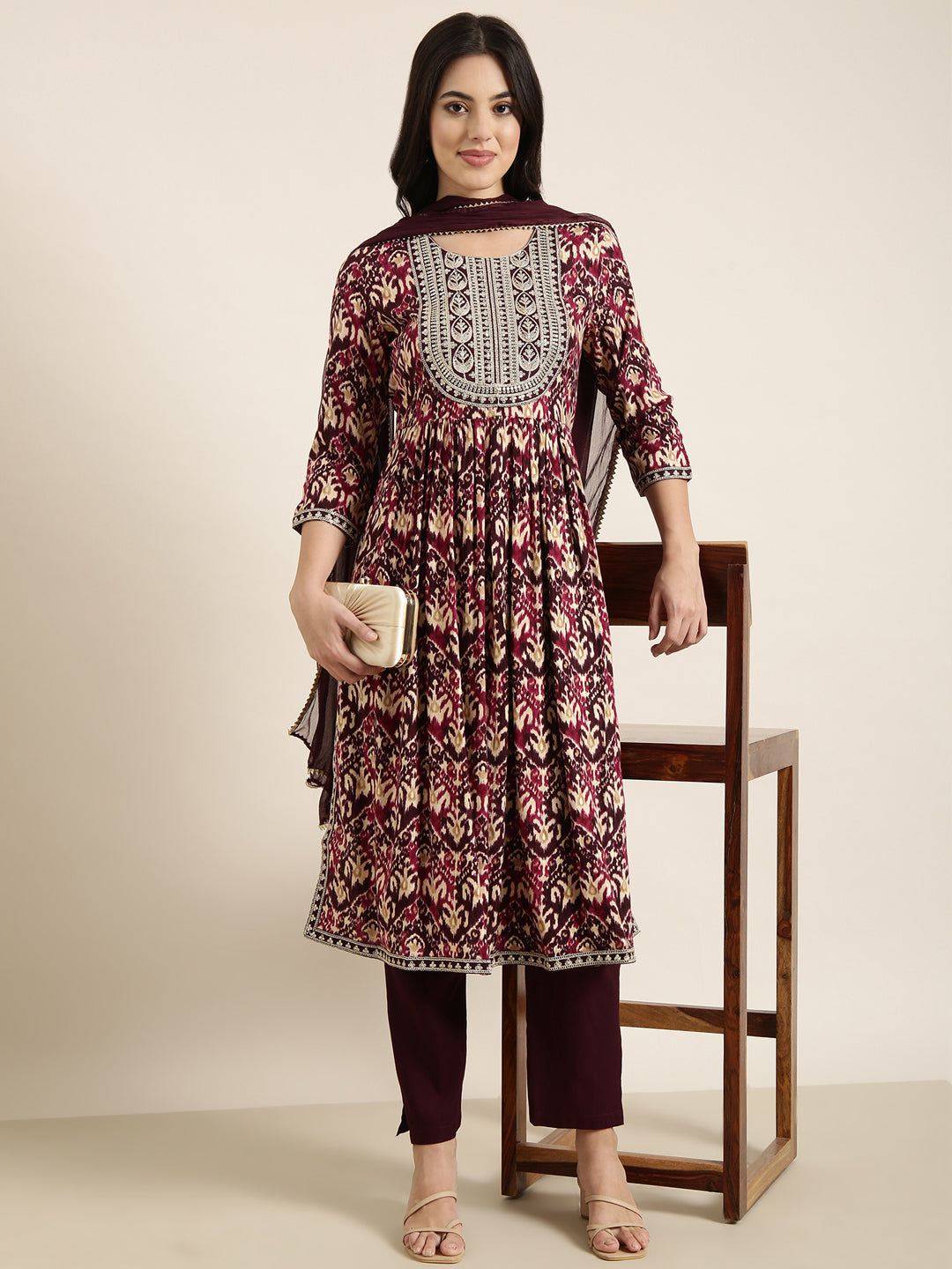 Women A-Line Burgundy Ethnic Motifs Kurta and Trousers Set Comes With Dupatta