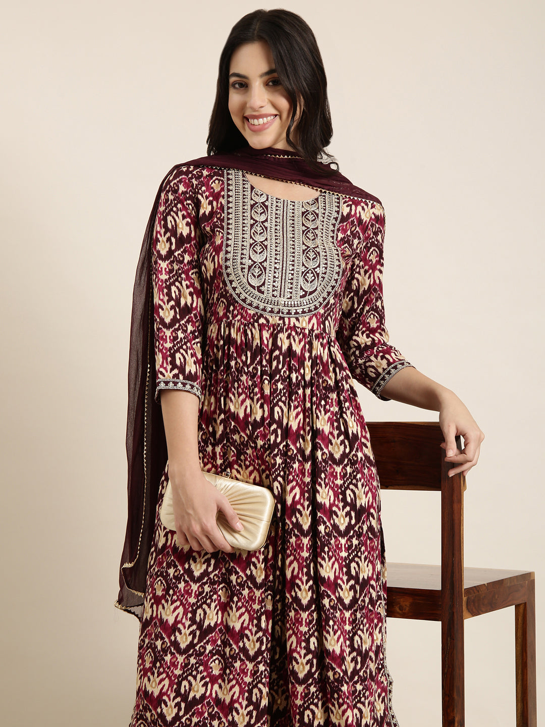 Women A-Line Burgundy Ethnic Motifs Kurta and Trousers Set Comes With Dupatta