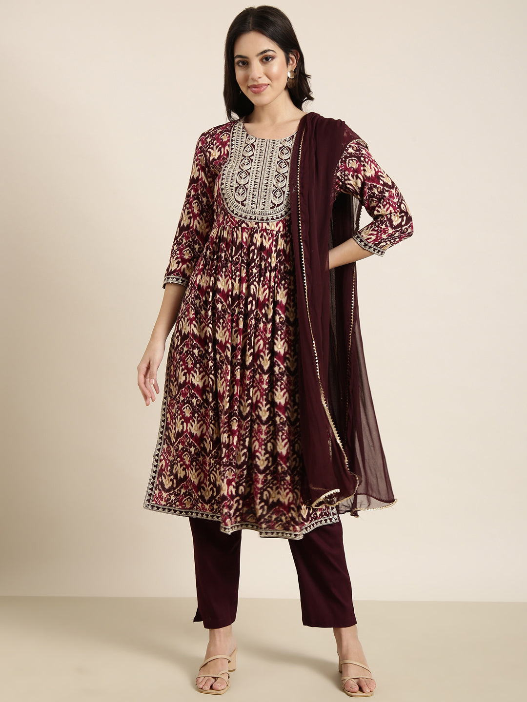 Women A-Line Burgundy Ethnic Motifs Kurta and Trousers Set Comes With Dupatta