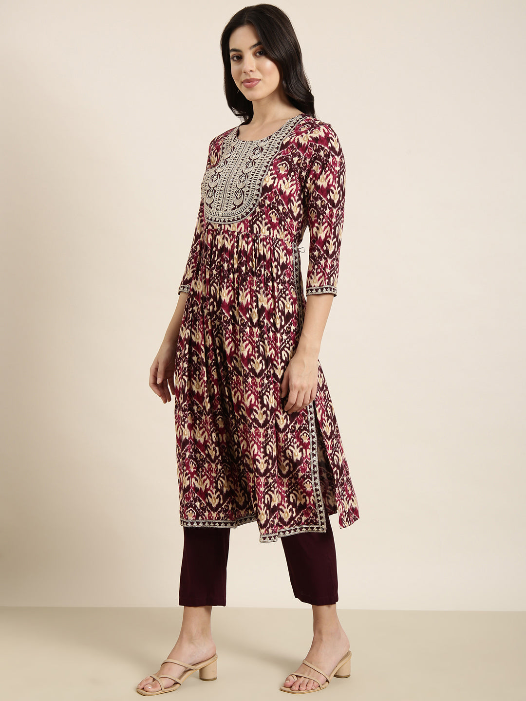 Women A-Line Burgundy Ethnic Motifs Kurta and Trousers Set Comes With Dupatta