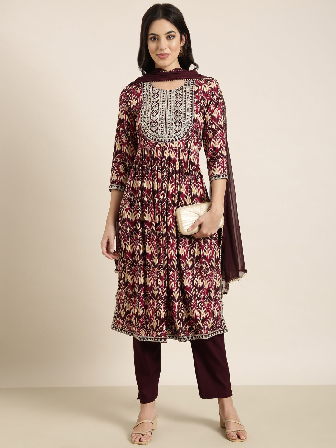 Women A-Line Burgundy Ethnic Motifs Kurta and Trousers Set Comes With Dupatta