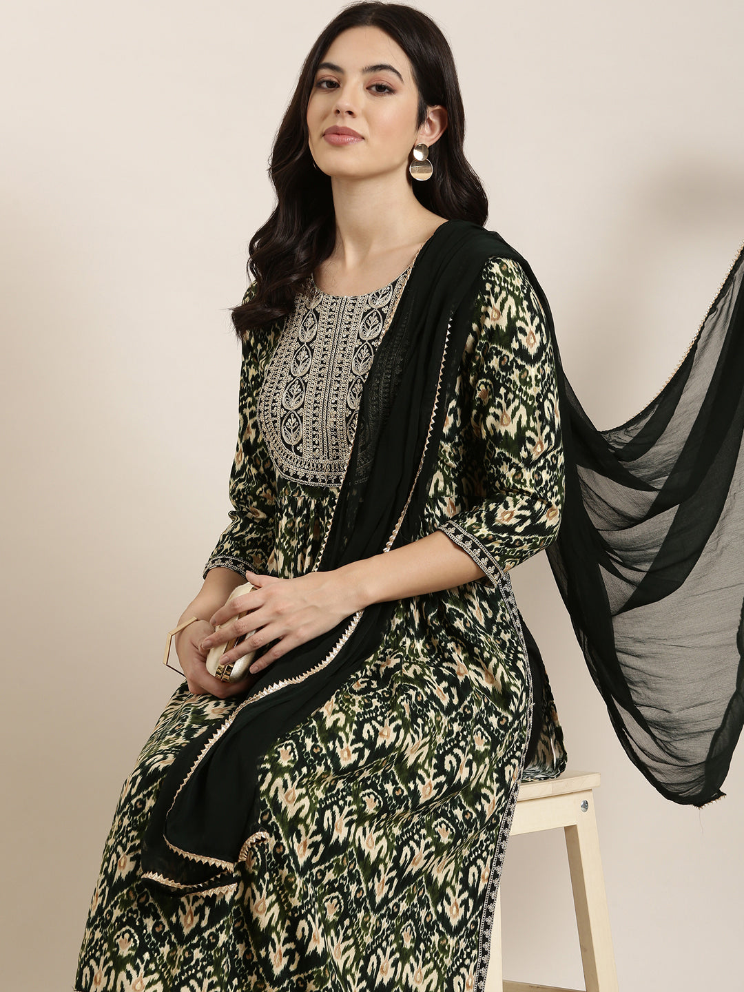 Women A-Line Green Ethnic Motifs Kurta and Trousers Set Comes With Dupatta