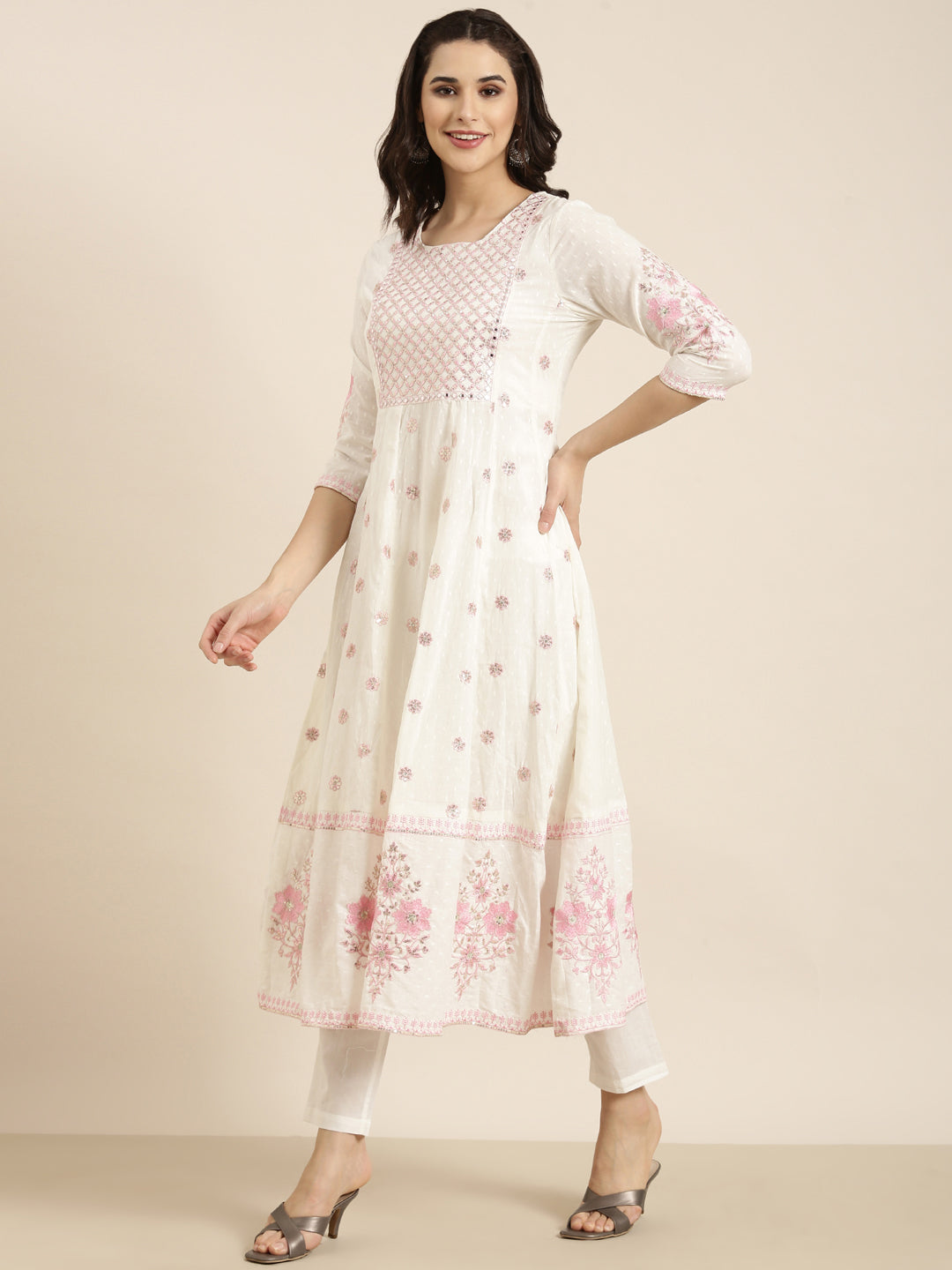 Women Anarkali Off White Floral Kurta and Trousers Set Comes With Dupatta