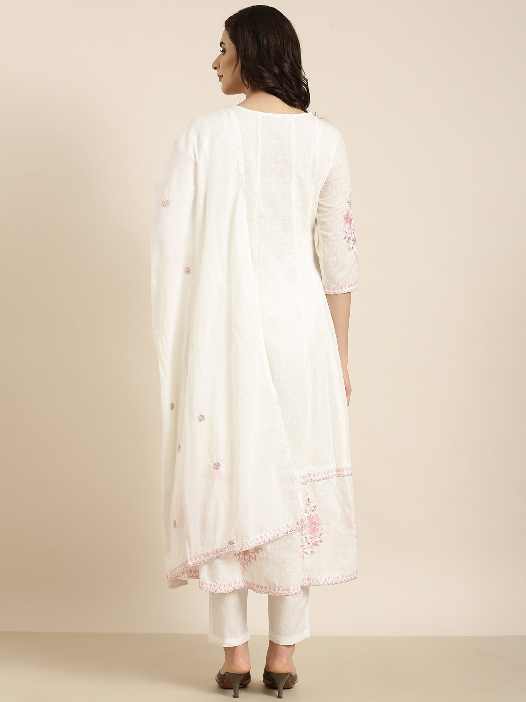 Women Anarkali Off White Floral Kurta and Trousers Set Comes With Dupatta