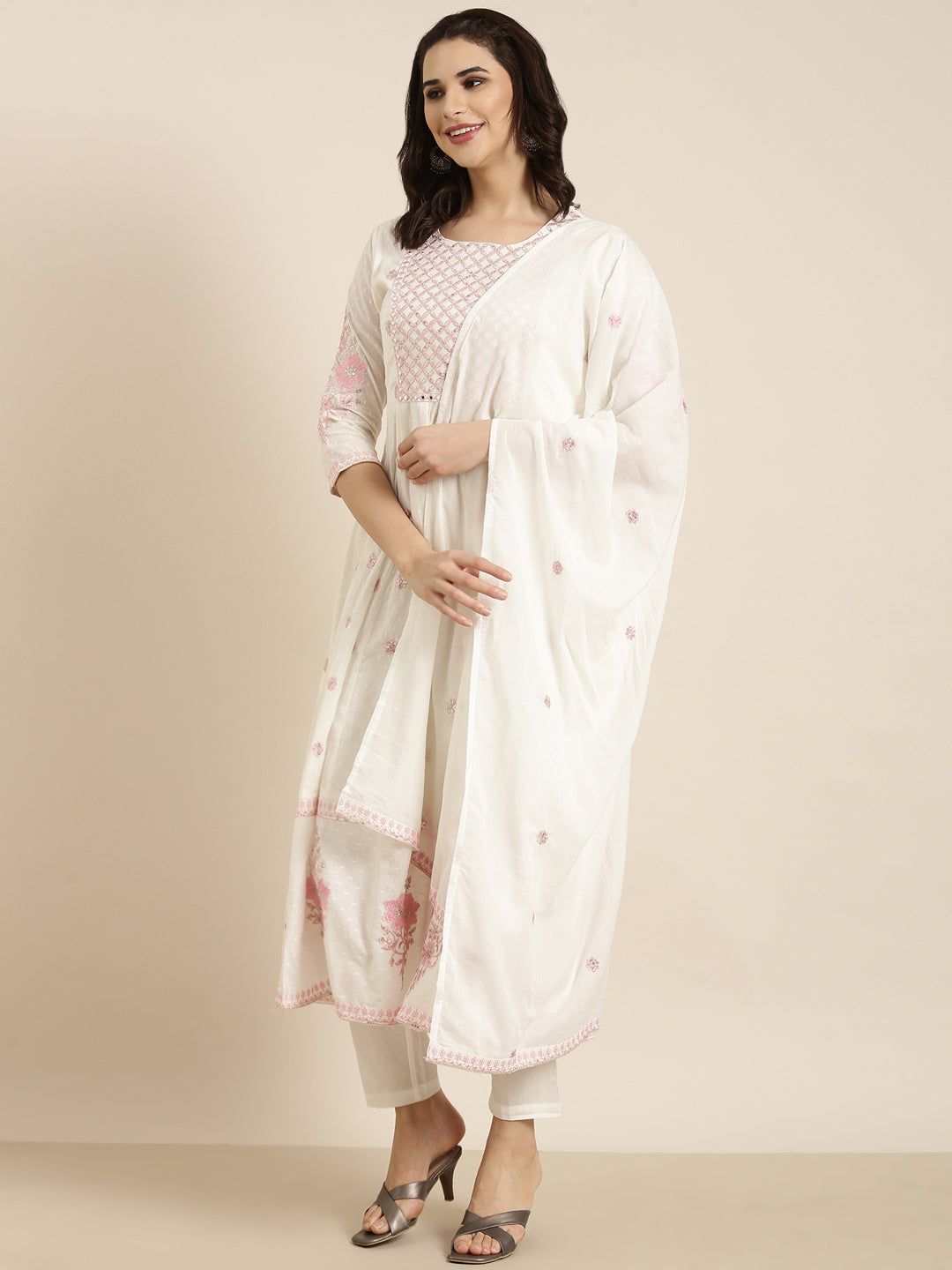 Women Anarkali Off White Floral Kurta and Trousers Set Comes With Dupatta